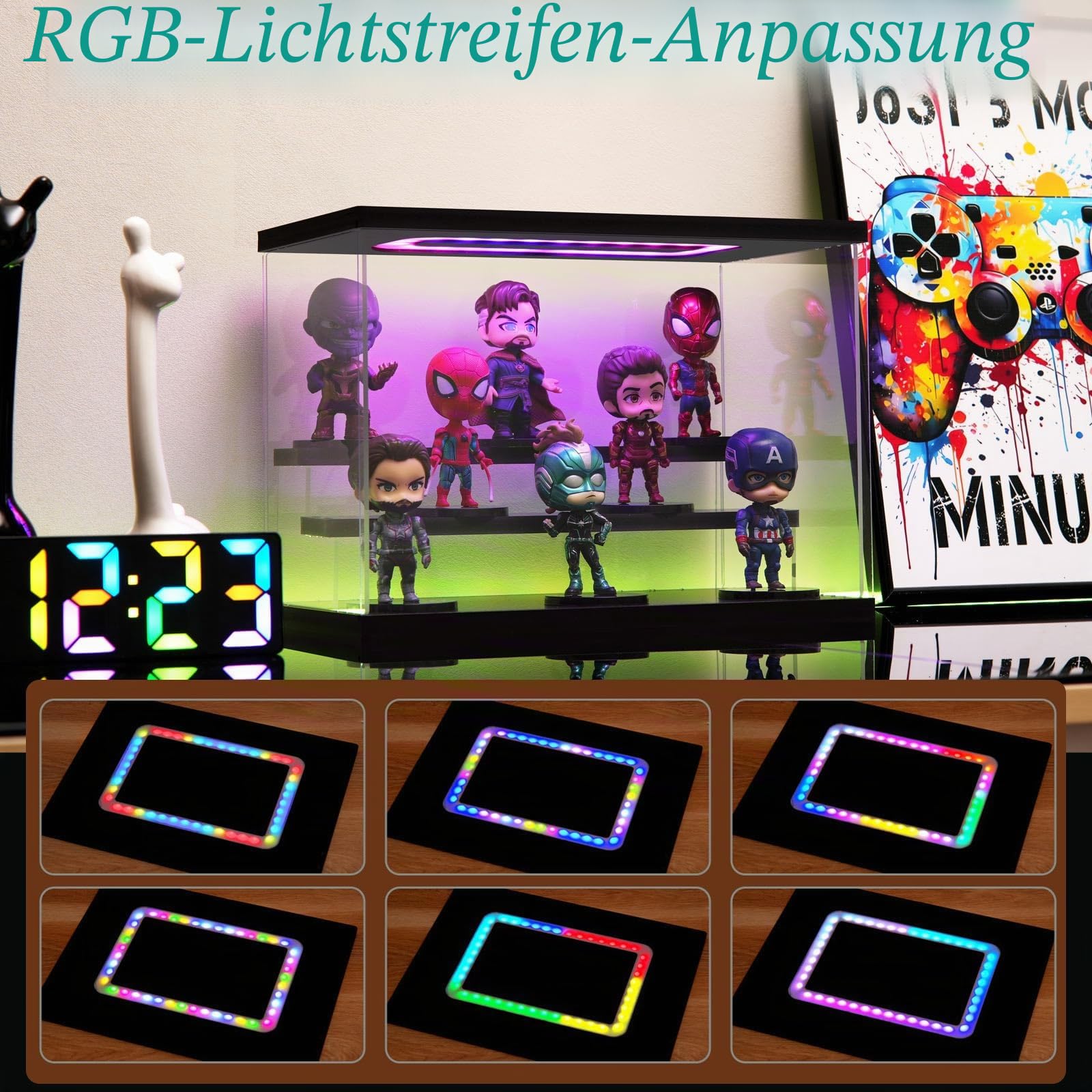 Acryl Vitrine mit RGB LED Beleuchtung für Modellautos Figuren, 3/4/5/6 Stufen Mehrfarbige Licht Staubschutz Schaukasten für Sammlerfiguren (Schwarz, 5 stufen, 32x31x30cm)