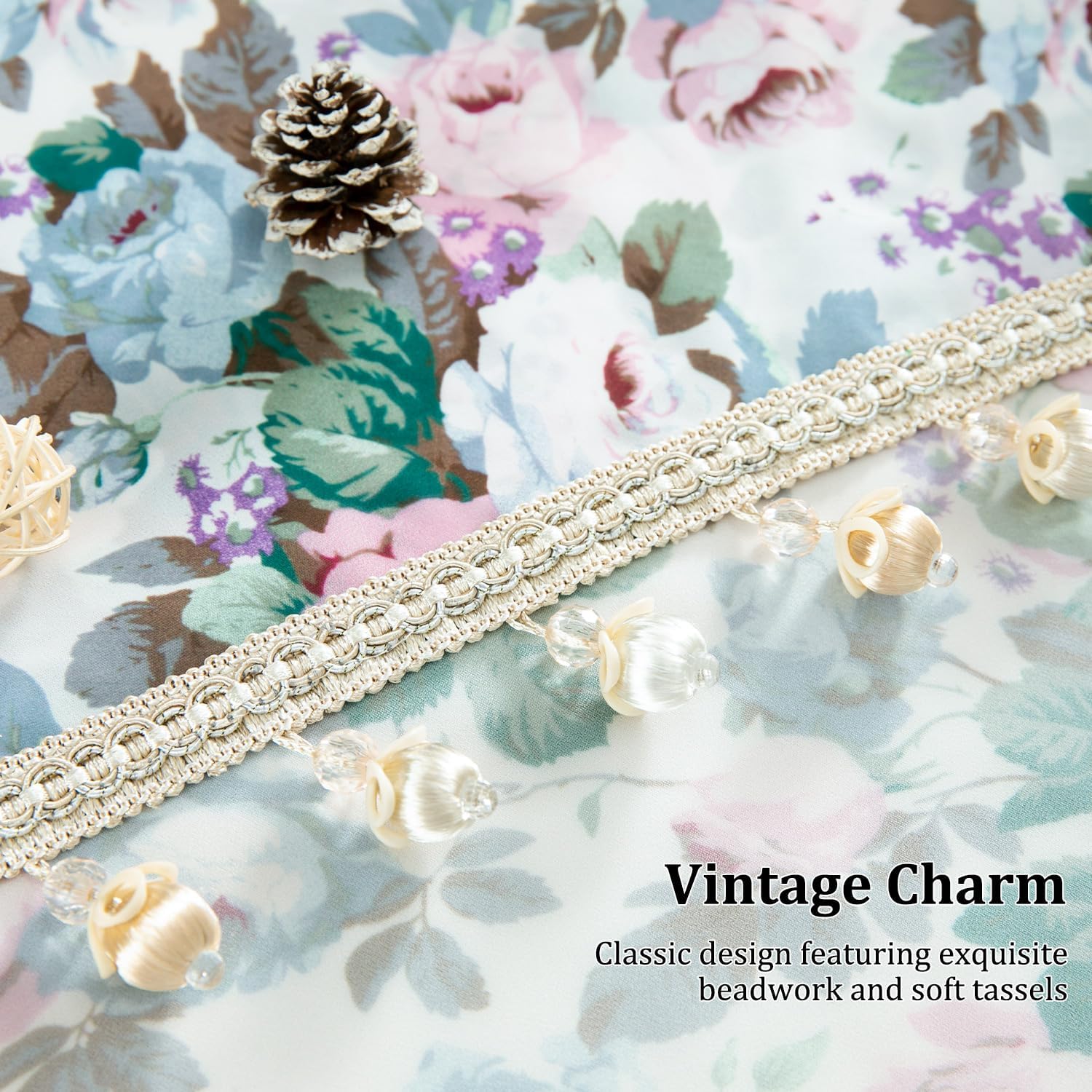 Leeva Farmhouse Voile Waterfall Valance, Vintage Blooming Floral Print Sheer Curtain Toppers with Bead Tassels, 39” Wide Swag Valance for Living Room Bedroom Windows, Pink & Blue