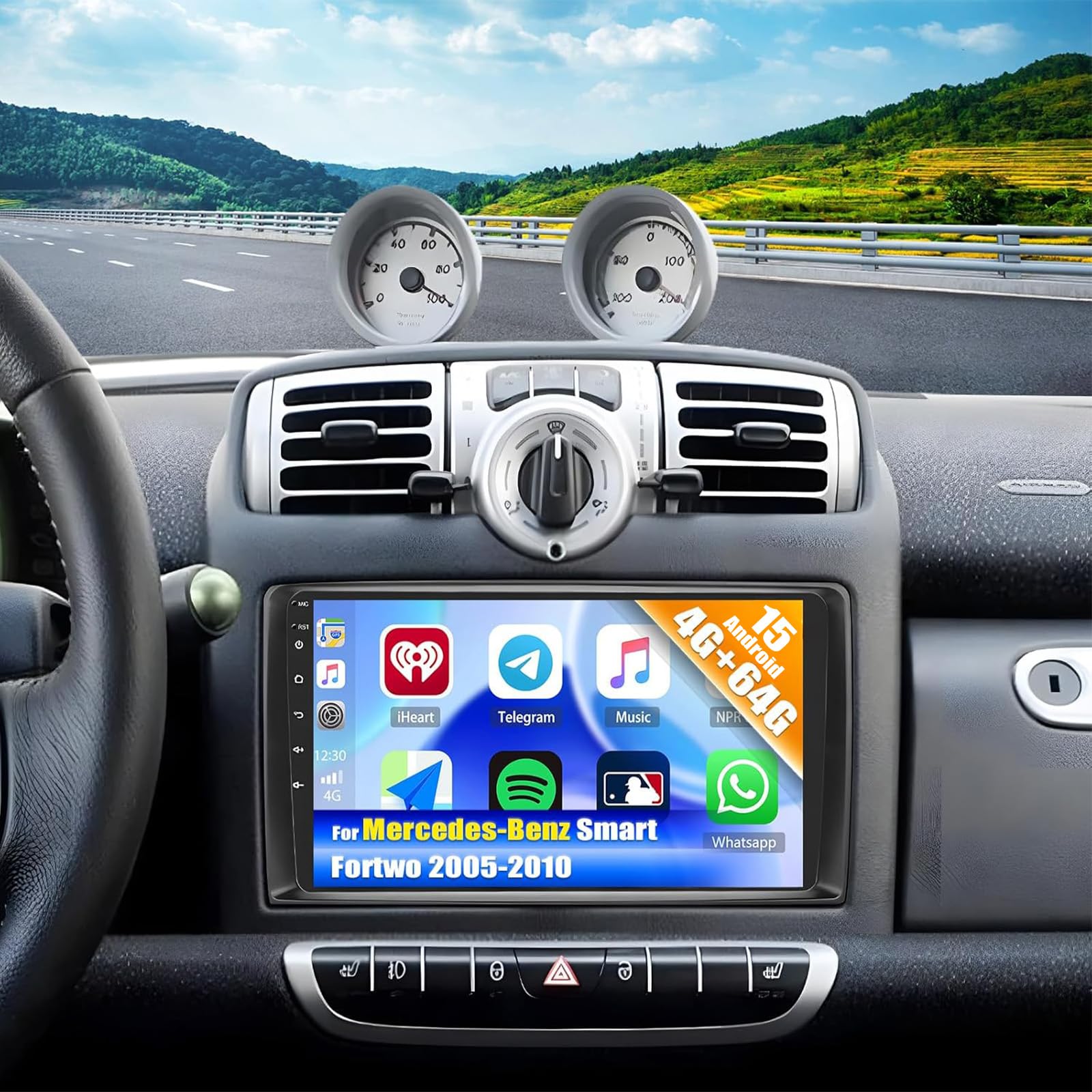[4G+64G 8-Core] CAMECHO Android 15 Autoradio per Mercedes-Benz Smart Fortwo 2005-2010 con GPS Carplay Android Auto, Stereo 2 DIN con Schermo da 9 Pollici con DSP RDS Bluetooth Mirror Link+Mic