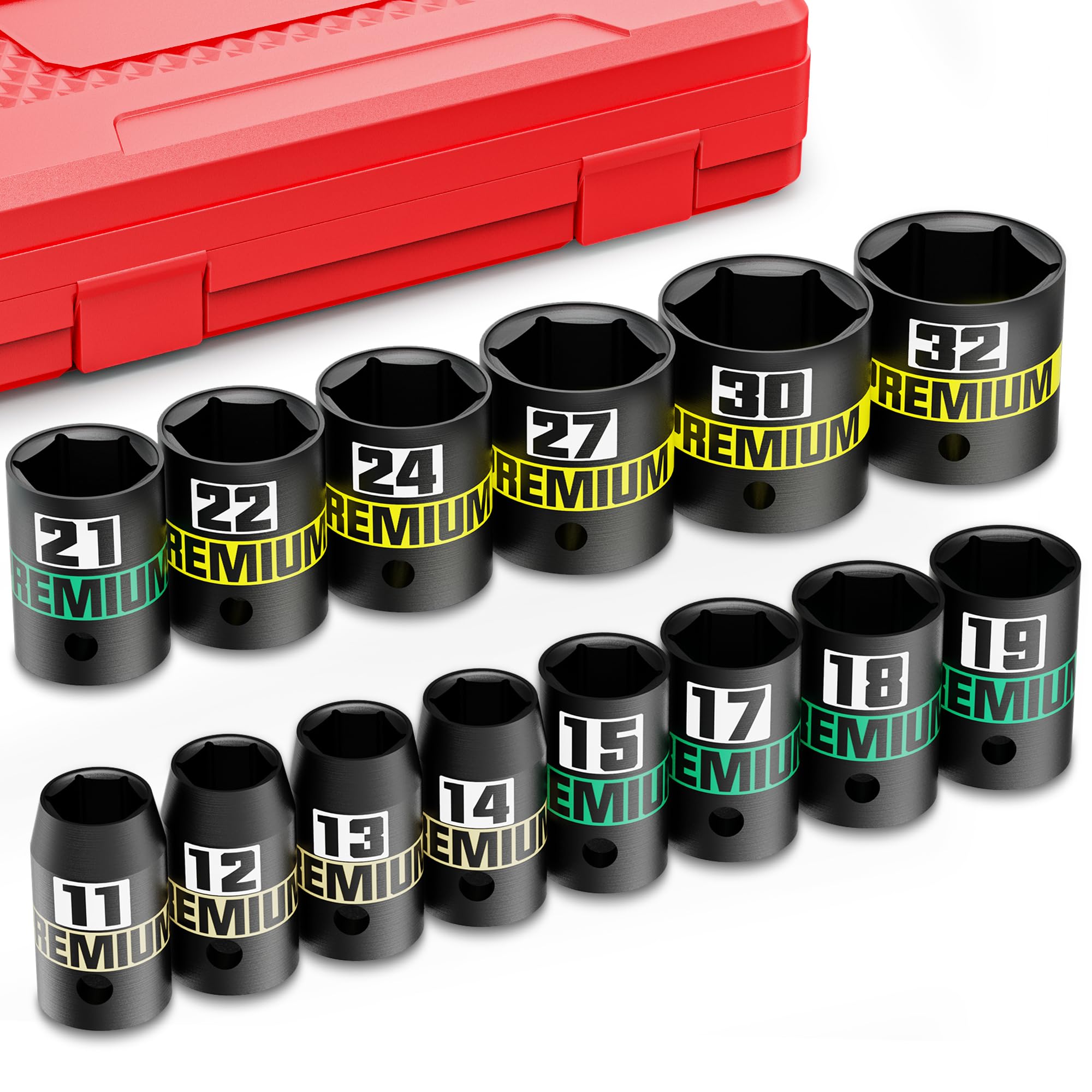 Aurlloct 1/2" Drive Impact Socket, 14Pcs Shallow Impact Socket Set, 11-22 mm Semi-Deep Sockets, Repair Automotive Truck Tractor Engine Maintenance