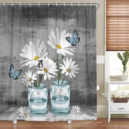 Uokiuki Juego de cortinas de ducha rústicas con diseño floral color gris y verde azulado cortina de baño de tela con diseño de mariposa margaritas