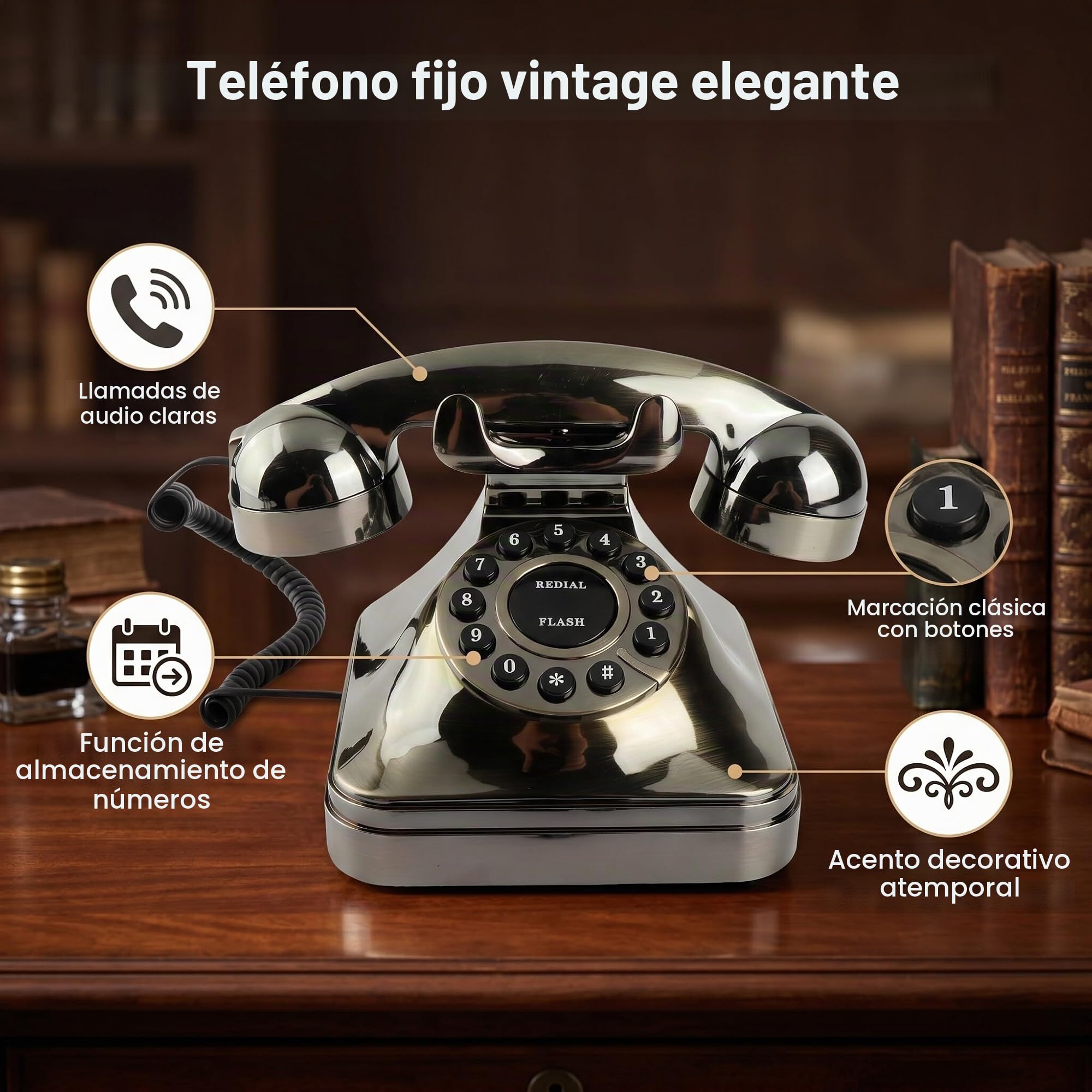 Aramox WX-3011# Teléfono de Bronce Antiguo, Teléfono Fijo Vintage con Reducción de Ruido y Almacenamiento de Números para Uso en la Oficina en el Hogar