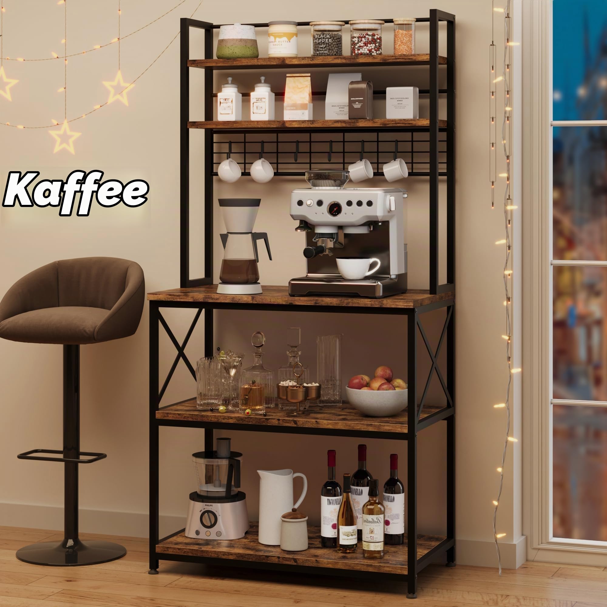 Litake Küchenregal - Standregal für Küche Mikrowellen-Regal mit 5 Regalebenen und 6 Haken, Küchenregal Schwarz mit Gitterplatte Küchenregale für Balkon Speisekammer Kellerraum Wohnzimmer