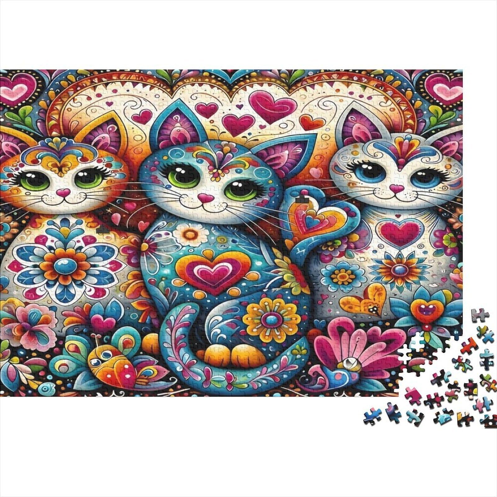 Colourful Cat Art 1000-Piece Three Colourful Cats Recycled Cardboard Jigsaw Puzzle Set Adults Educational Game Decompression 52x38cm