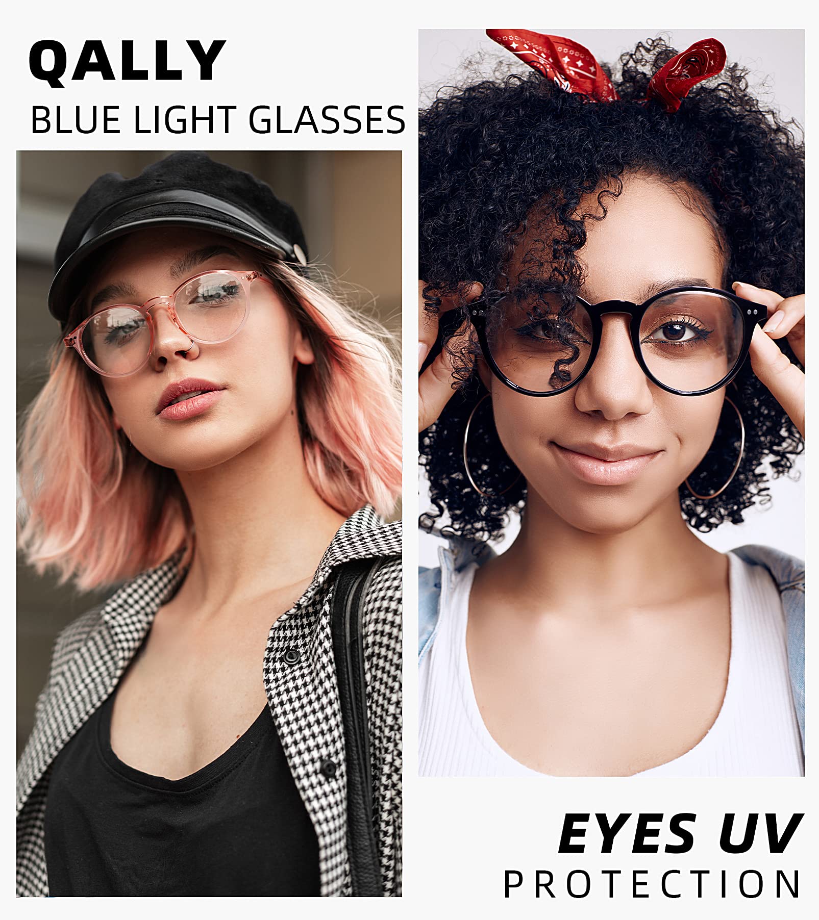 QALLY Womens Round Blue Light Blocking Glasses Anti Eye Strain Glasses Clear Lens Computer Eyeglasses with Filter UV Light, Bright Black/Pink