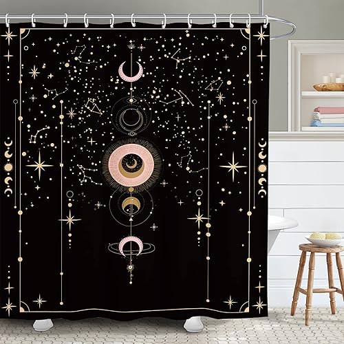 Yookeb Cortina de ducha gótica del zodiaco con fases lunares, constelación, astrología, galaxia, misteriosa, tarot, bruja, estética, 60 pulgadas de
