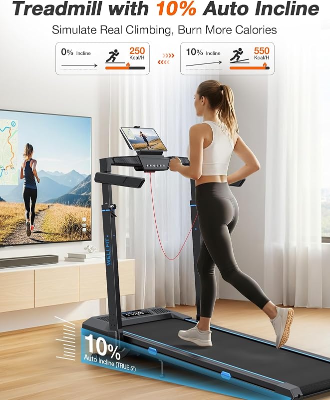 WELLFIT Foldable Treadmill with Auto Incline, 400 LBS, Adjustable Height image 3