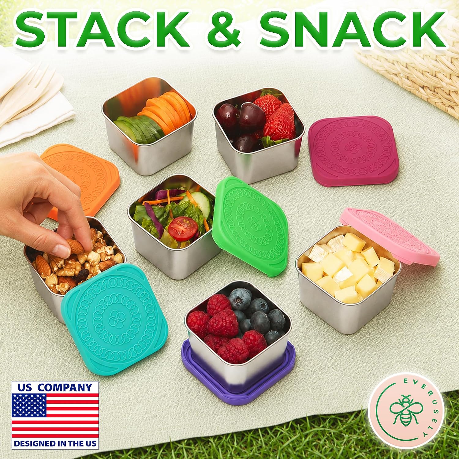 Snack Containers - 6 oz, Farmer's Market, 6 PK - Stainless Steel with Lids