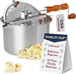Máquina de pipoca original Whirley Pop – Pipoqueira Wabash Valley Farms Gourmet, panela de pipoca de alumínio com engrenagens de nylon, fogão de 3 minutos nostalgia pipoqueira (prata)