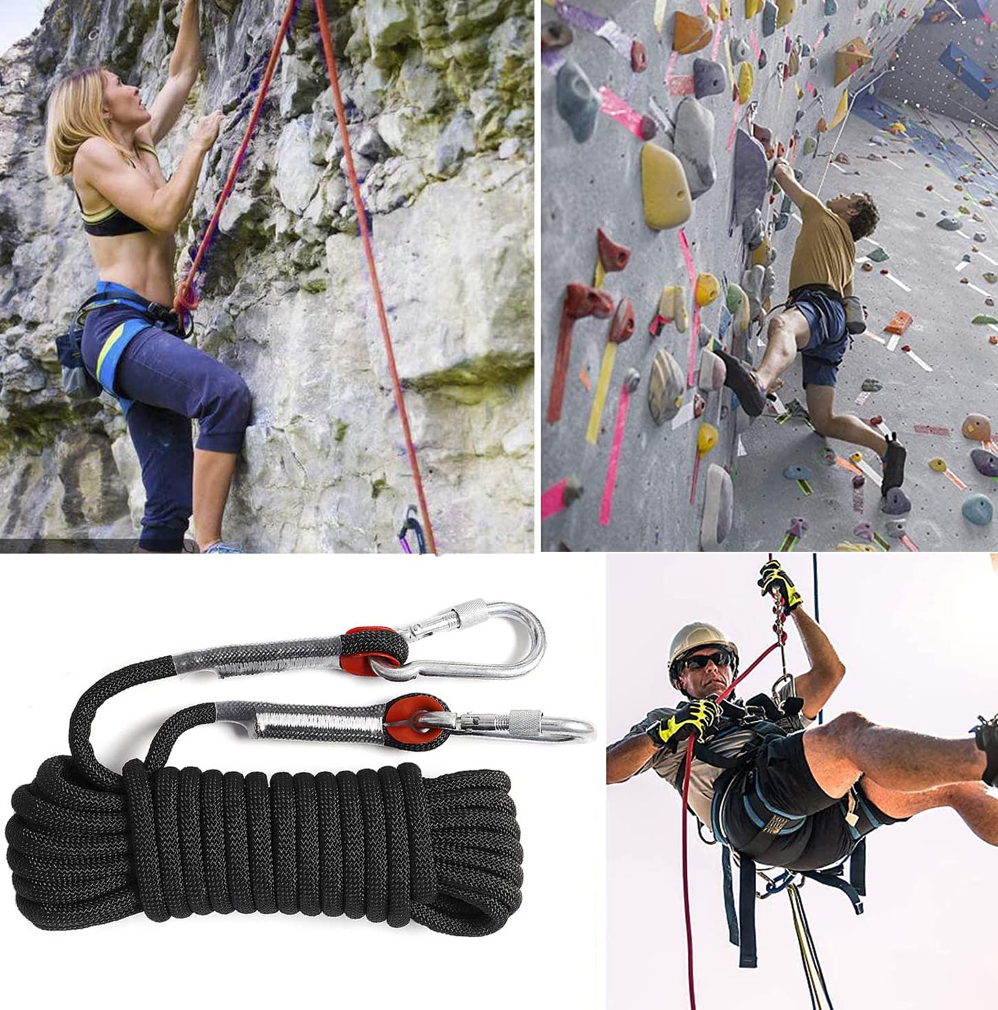 SENENQU 2 Piezas Cuerda de Escalada 10 m 10 mm con 4 Mosquetones, Cuerda Escalada Estática con Bolsa Reflectante, Carga 12KN para Camping, Rescate, Senderismo y Actividades al Aire Libre
