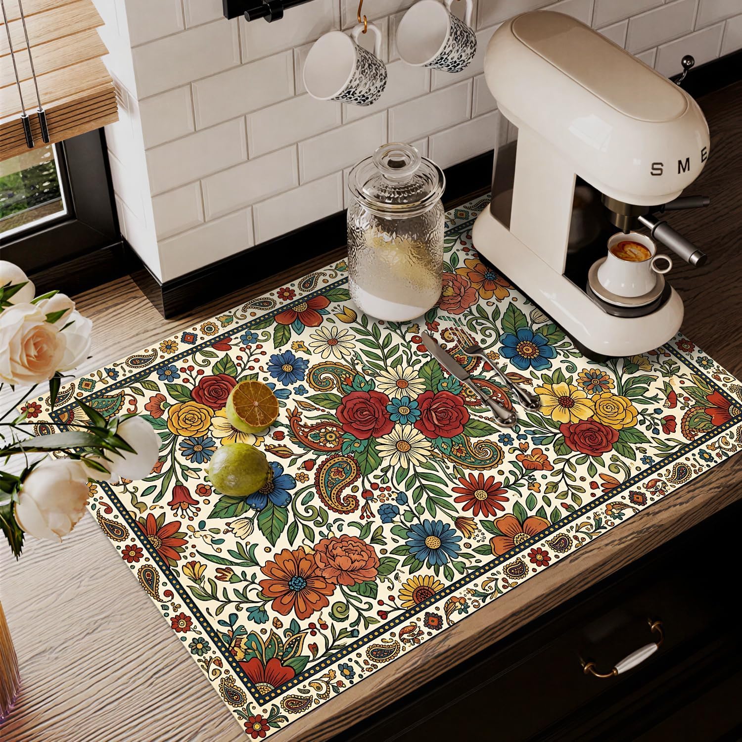 Dish Drying Mat for Kitchen Counter, 18 x 24" Floral Super Absorbent Draining Pad, Non-Slip Heat Resistant Coffee Bar Mats for Coffee Machine Station Accessories, Colorful Dish Rack Pad