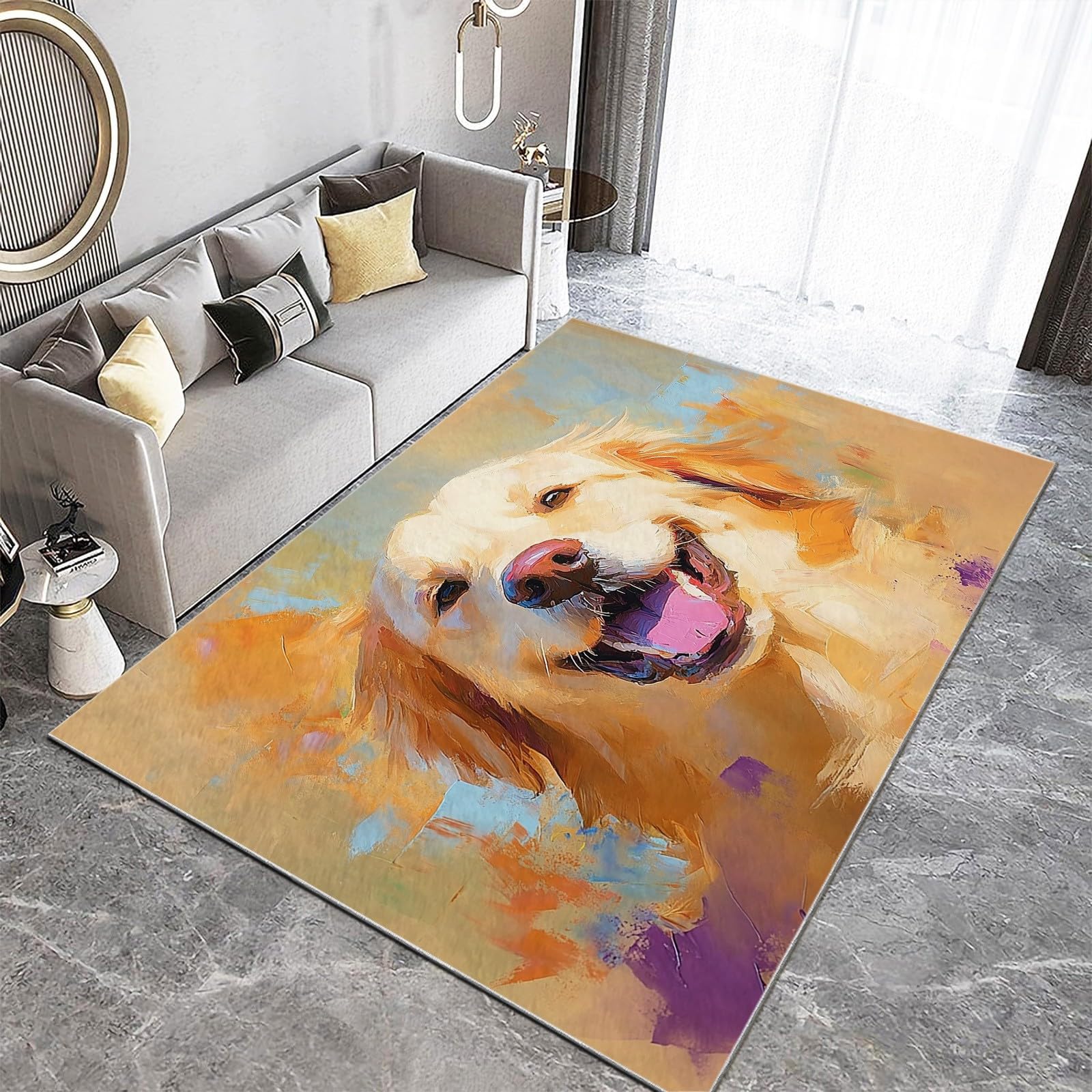 Generisch Teppich Wohnzimmer Ölgemälde Hund Teppich Flauschig Schlafzimmer Teppich Weich Esszimmer Teppich, Kurzflor Outdoor Teppich, Waschbarer Teppiche, rutschfest Teppich, 120 x 170 cm