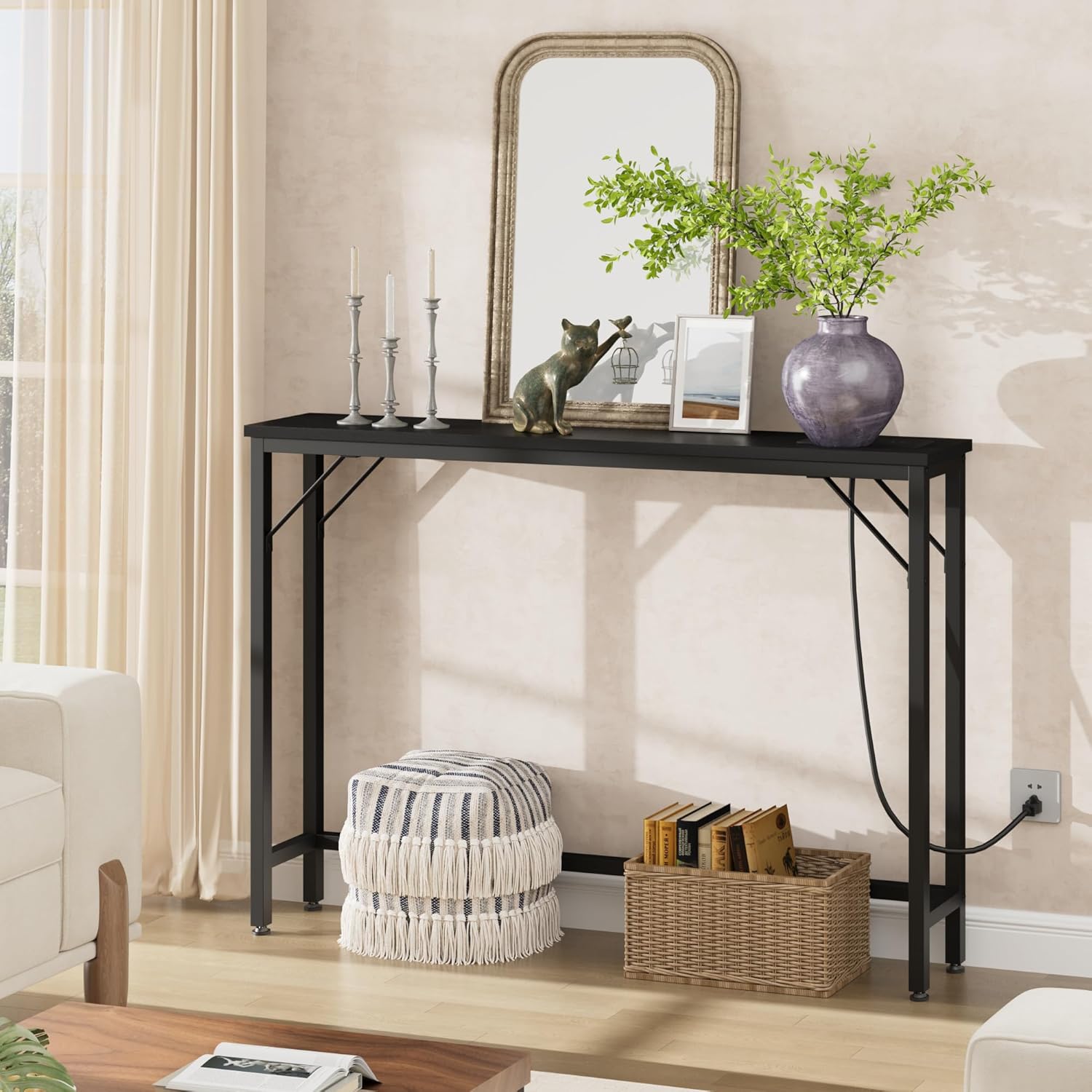 GarveeHome 5.9 in Narrow Console Table with Power Outlets, Compact Sofa Table with Storage, Sleek Design for Living Room, Entryway, Hallway, and Foyer - (Rustic Brown)