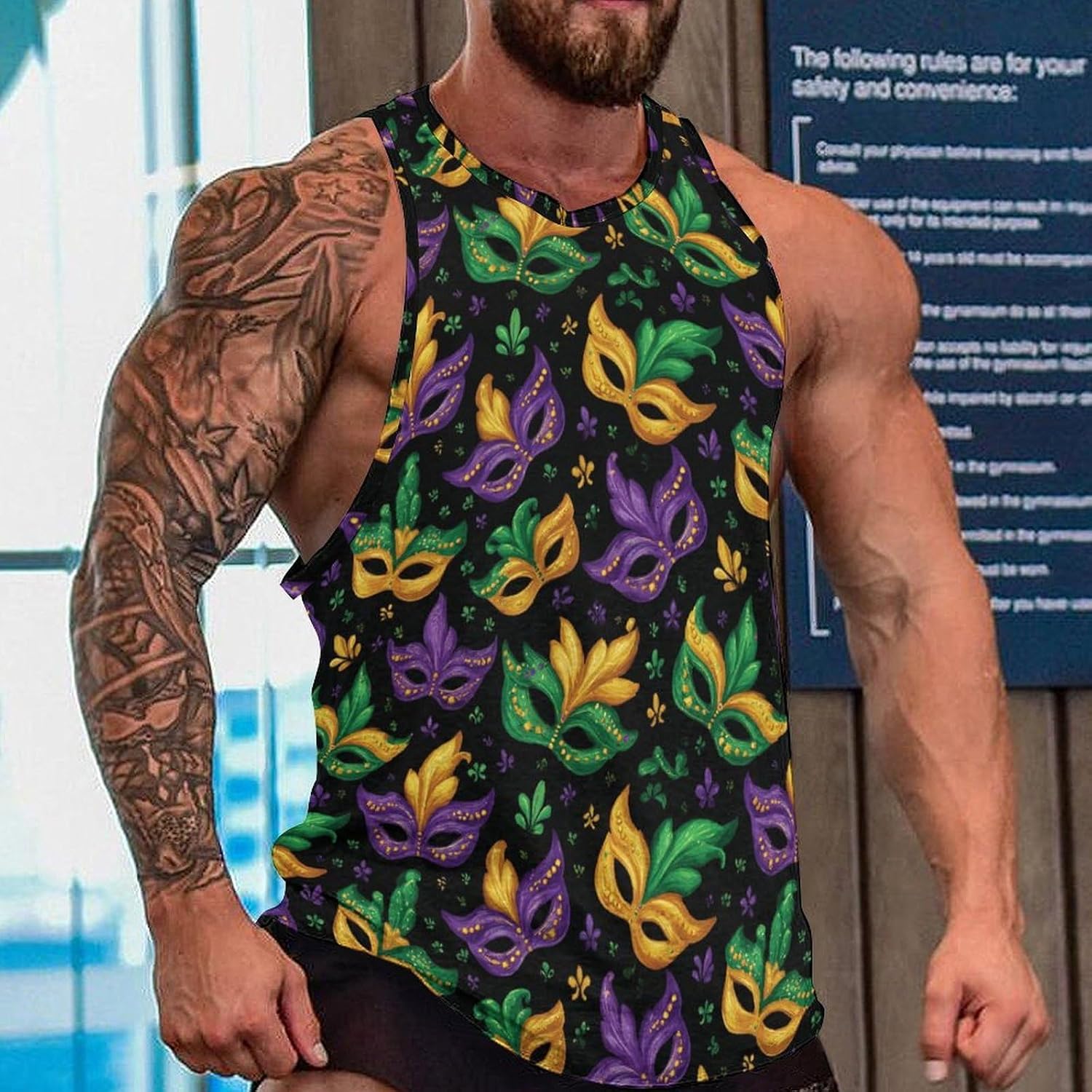 Mardi and Gras Mask Mens Tank Tops Sleeveless Muscle Shirts Beach Casual Gym Shirt Vest Tee Tops