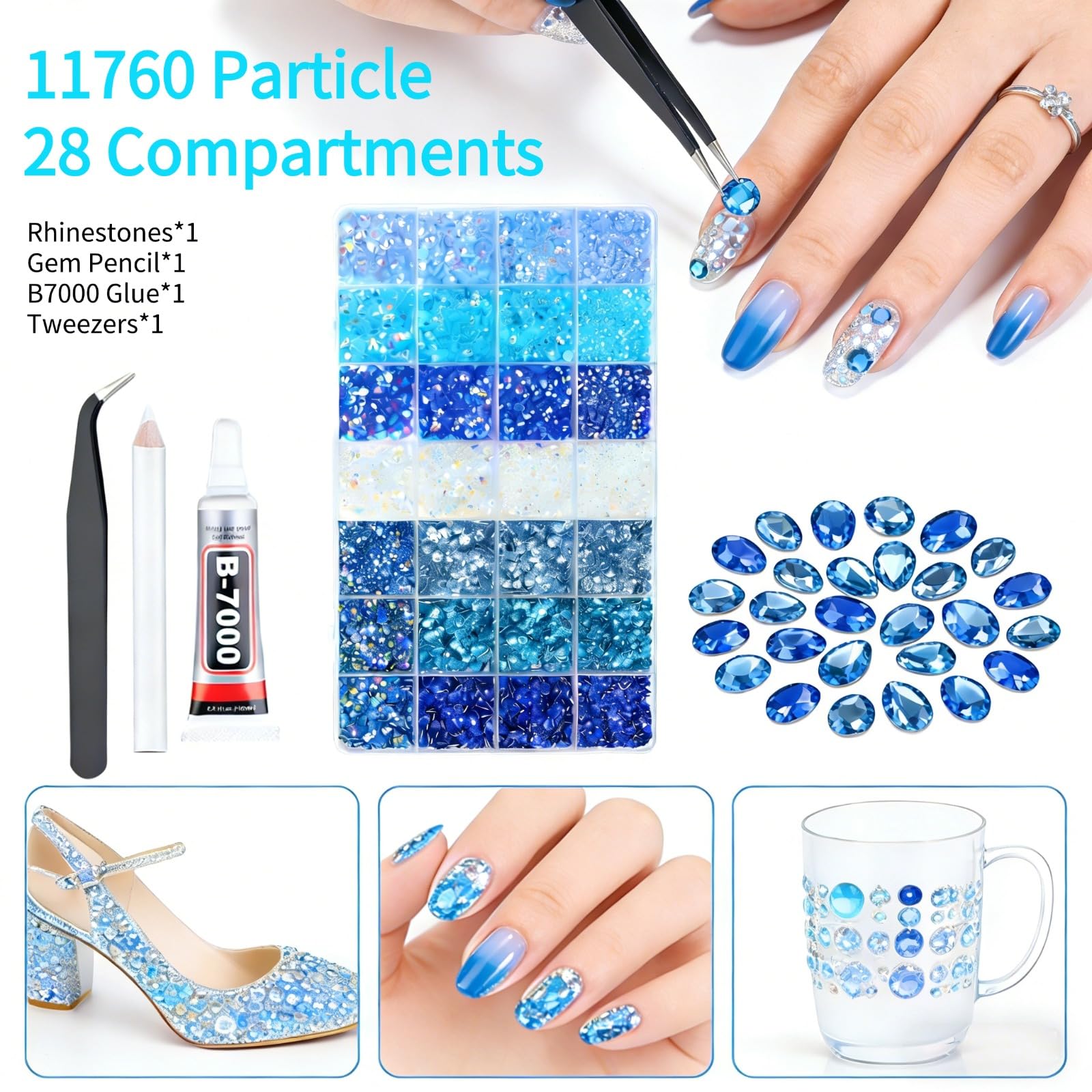 11760Pcs Blue Craft Rhinestones with B7000 Jewelry Glue, Multi-Size 3/4/5/6mm Resin Gems, Bedazzling Kit for DIY, Shoes, Cups, Fabric & Nail Art — view 2