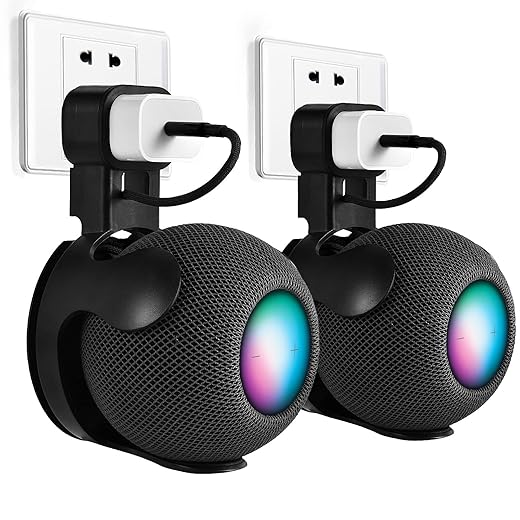 V-MORO HomePod Mini Wall Mount Holder, Outlet Mount Stand Hidden Cable Management for Apple HomePod Mini Smart Speaker Shelf Without Messy Wires Excellent Space Saving Punch-Free 2-Pack White