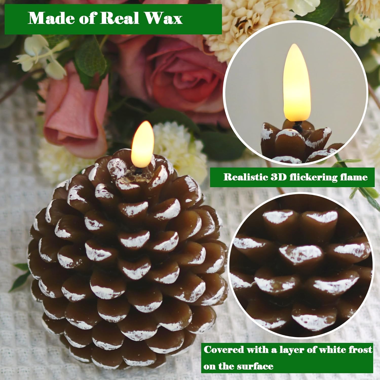 Set of 2Pcs Pinecone Flameless Candles Brown White Christmas Gift Home Decoration Candle Light