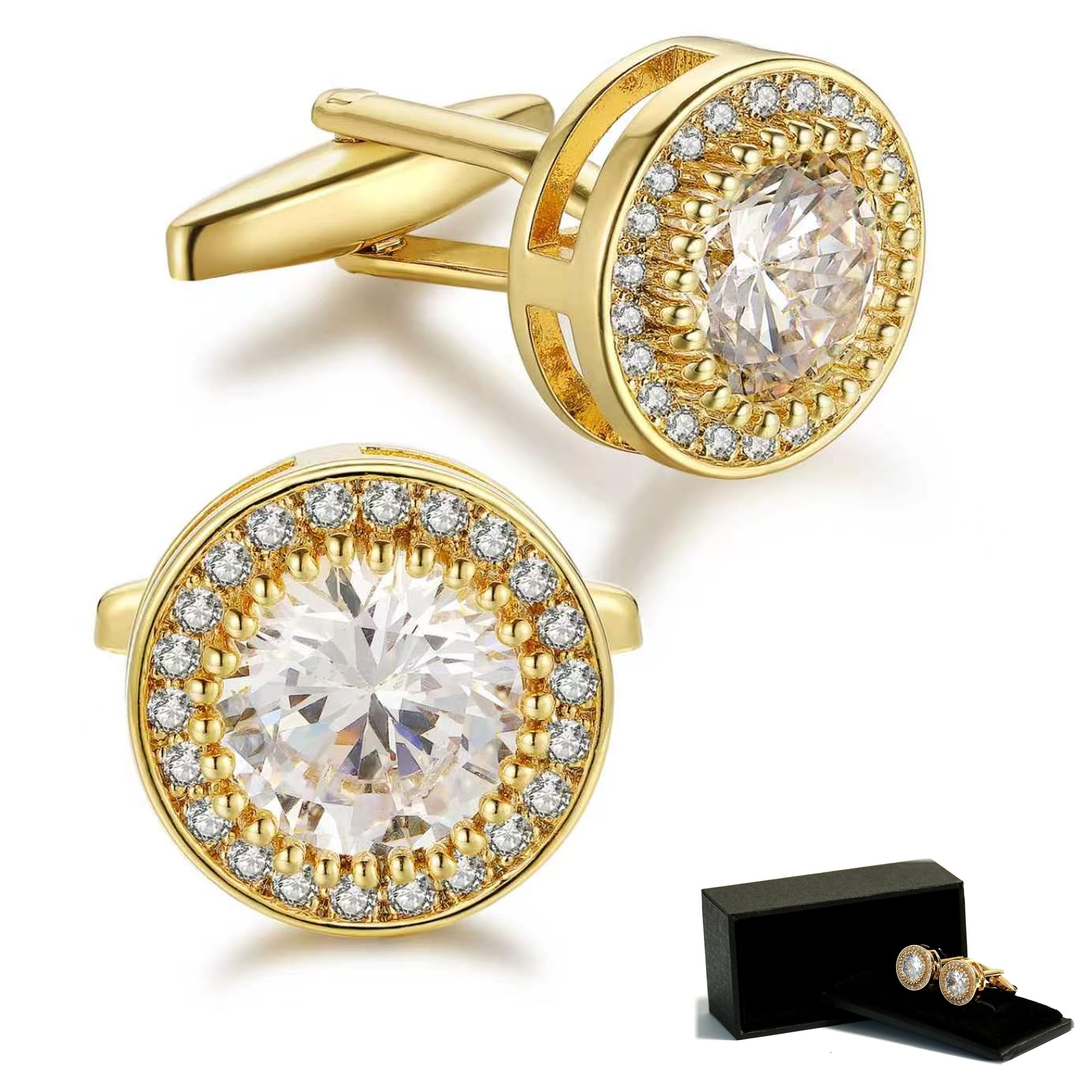Crystal Cufflinks for Men CZ Cuff Links Sparkle Diamond Gold Ornate Cufflinks for Wedding Groom Best Man-image-0