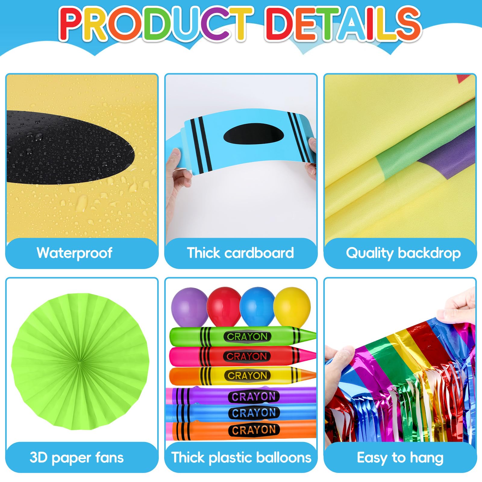 85 Stück Buntstifte, Halloween-Dekoration für Kofferraum oder Leckereien, bunte Buntstifte, Hintergrund, aufblasbare Buntstifte, Regenbogen-Folie, Fransenvorhang, Papierfächer, Luftballons, Aufkleber
