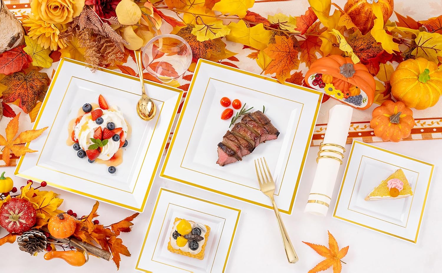 Festiva 350Pcs Gold Plastic Plates - Disposable Square Gold Plates Dinnerware set include 9.5"/6" Plates,Cups,Plastic Cutlery,Hand Napkins Perfect for 50 guests Party&Birthday&Wedding - Image 9
