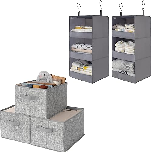 GRANNY SAYS Paquete de 3 contenedores rectangulares de tela y 2 organizadores colgantes para armario para dormitorio