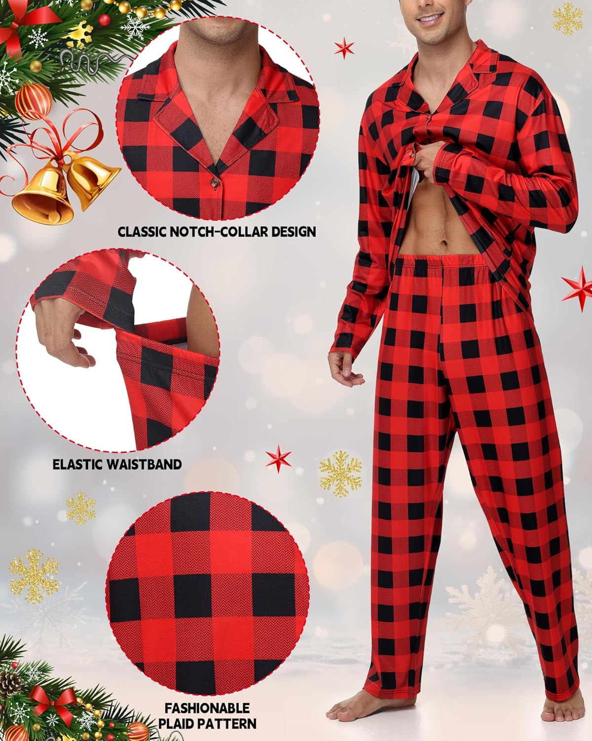 Hillban Couples Matching Christmas Pajamas Sets Family Buffalo Black Plaid Pajamas Long Sleeve Button for Adult Youth - Image 4