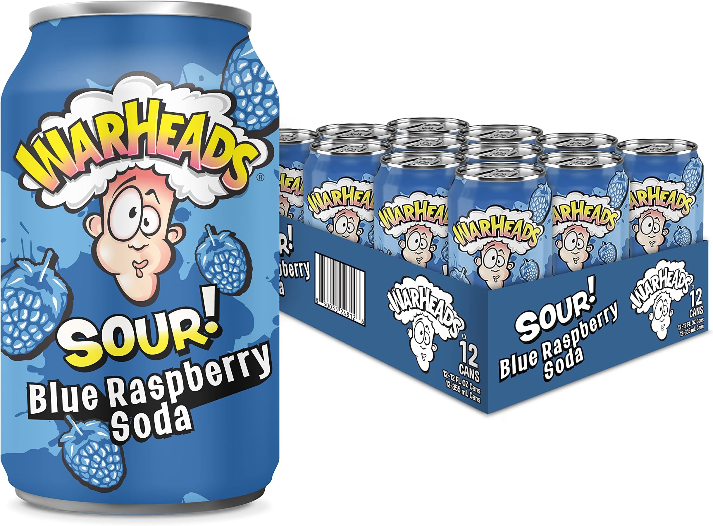 Sour Fruity Soda with Classic Warheads Flavors – Perfectly Balanced Sweet and Sour Soda - Warheads Candy Throwback Treat, Soda, Cocktail Mixer, Pack of 12, 12oz Cans (Blue Raspberry)