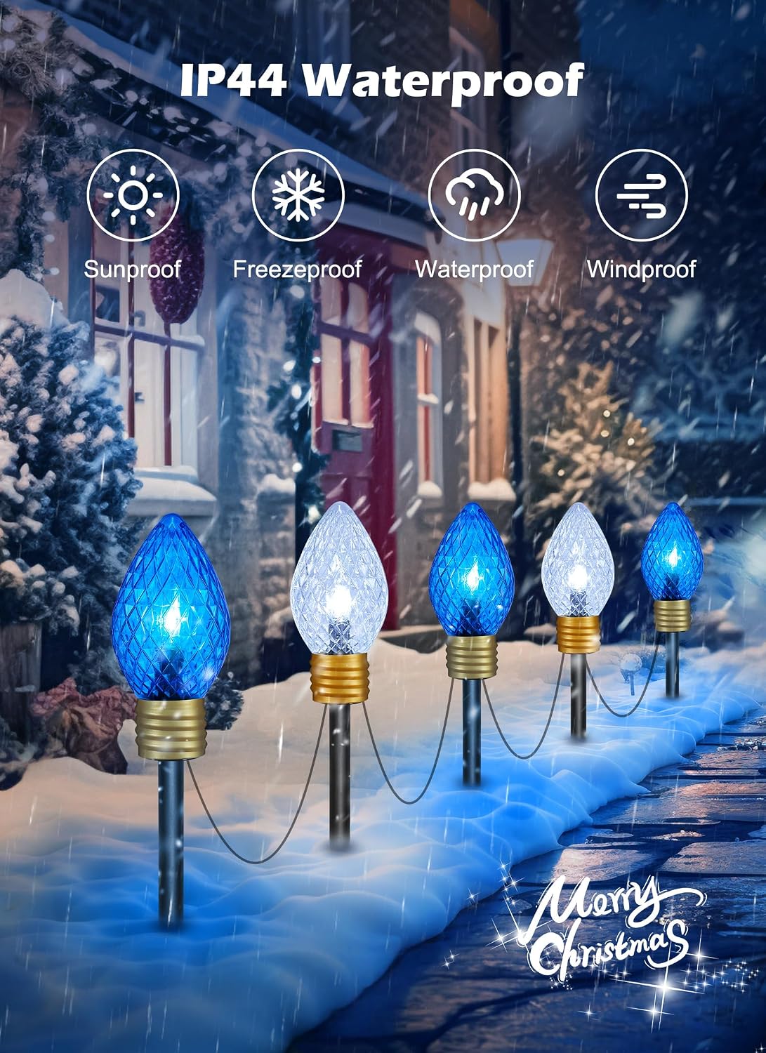 Moonflor Strawberry Jumbo C9 Christmas Pathway Lights Outdoor - 2Pack Total 17FT 10 LED C9 Walkway Light, Christma Decoration Outside,Christmas Lights Outdoor for Lawn Yard Holiday, Blue & Pure White