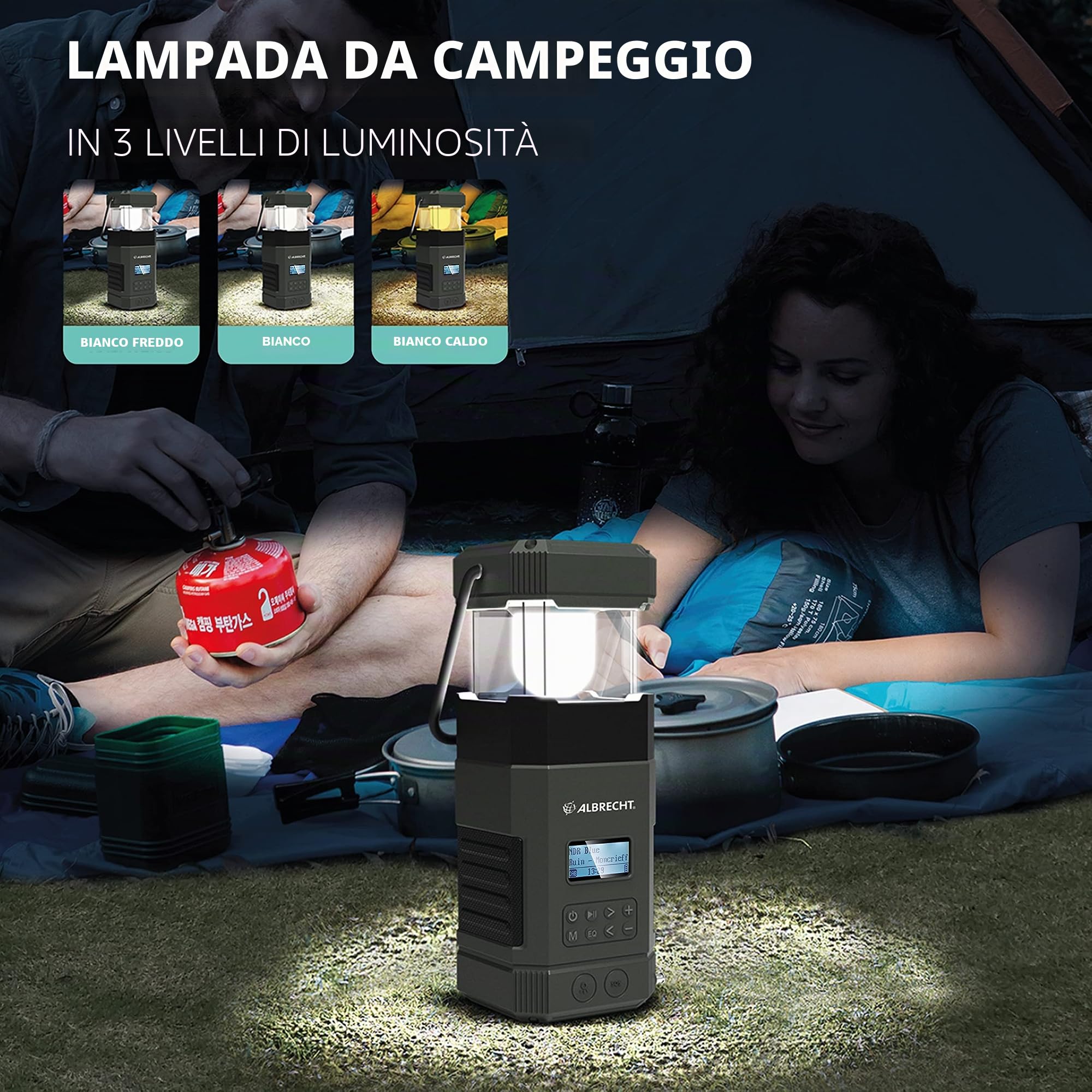 Albrecht DR 114, radio d'emergenza da esterno con lampada da campeggio, portatile DAB+/FM, 27912, chiamata di emergenza SOS,torcia elettrica, pannello solare, PowerBank, protezione dall'acqua IPX5