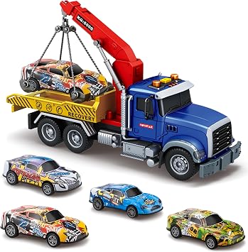 I DIY Big Tow Truck Toy Set with 4pcs Pull-Back Race Car، Friction Powered Transport Truck، Light & Sounds - لعبة البناء للأولاد الذين تتراوح أعمارهم بين 3-8