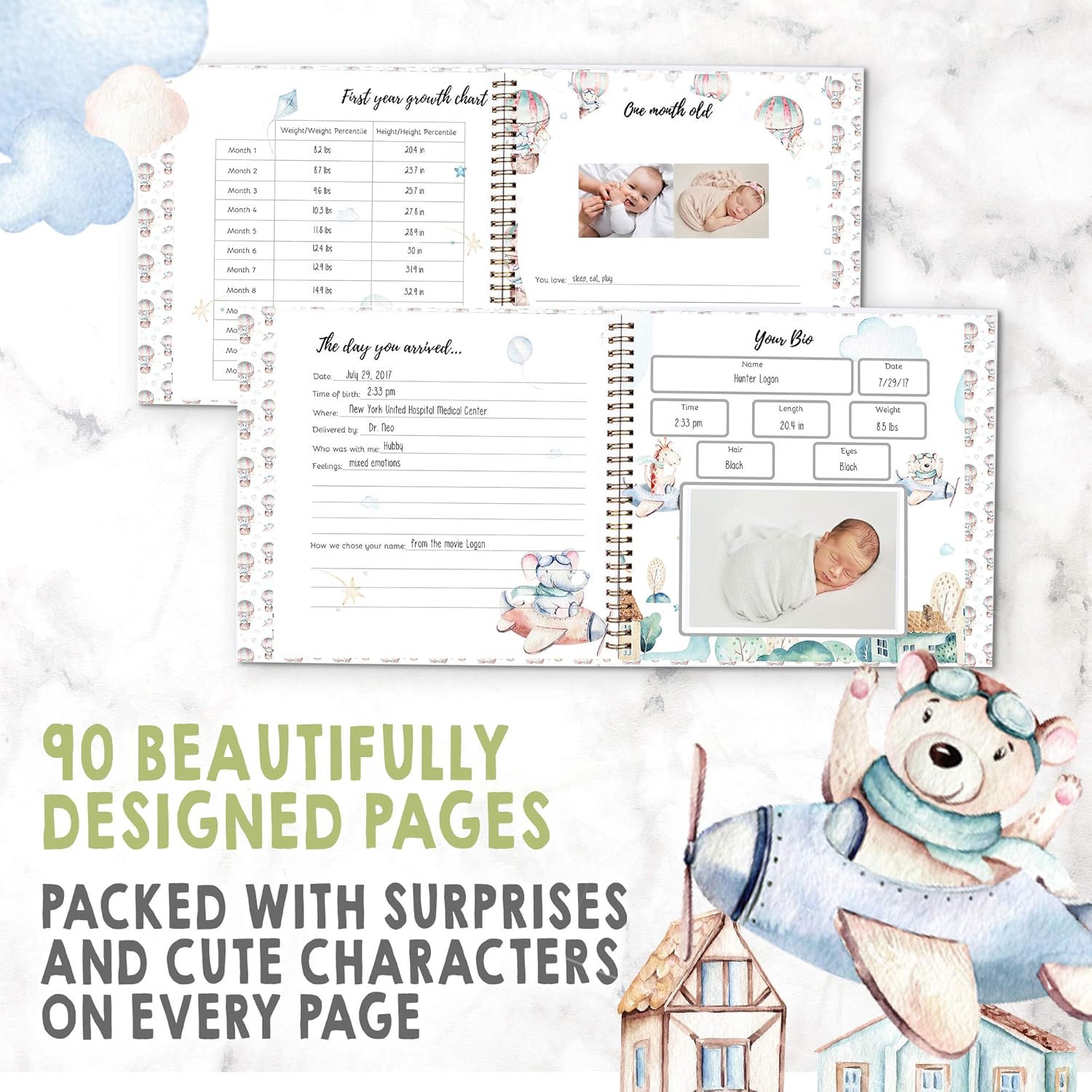 Baby Triple Sonogram Picture Frame And Baby First 5 Years Memory Book Journal Bundle - Baby Nursery Decor, Mom Gifts (Alpine White) - All Family, LGBT, Single Mom Dad, Adoptive (Adventureland)