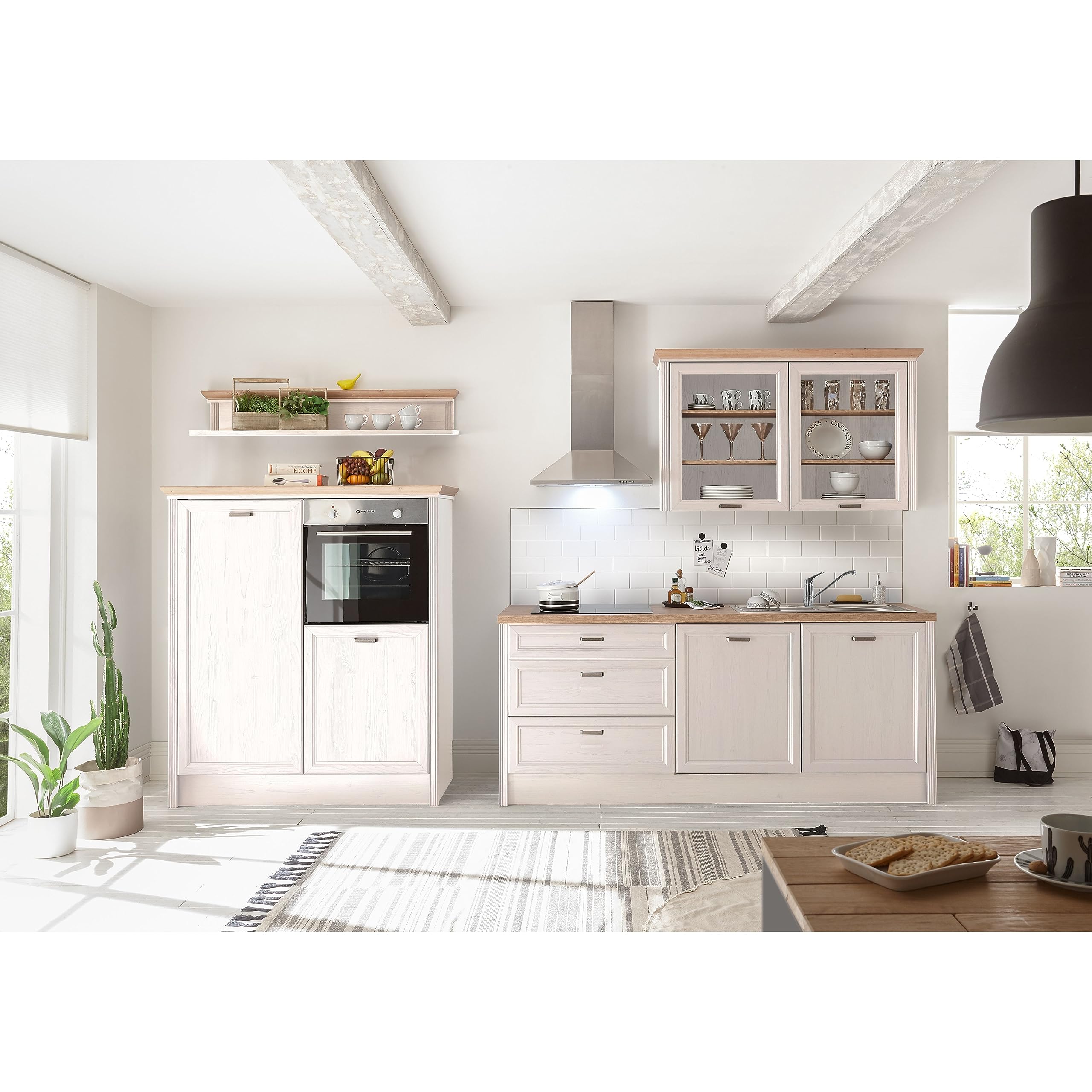 JASMIN Moderne Küchenzeile ohne Elektrogeräte in Pinie hell, Artisan Eiche Optik - Geräumige Einbauküche im Landhausstil - 344 x 228 x 60 cm (B/H/T) | 344 x 228 x 60 cm (B/H/T), Küche ohne Elektrogeräte, modern, Landhausstil, geräumig mit viel Stauraum