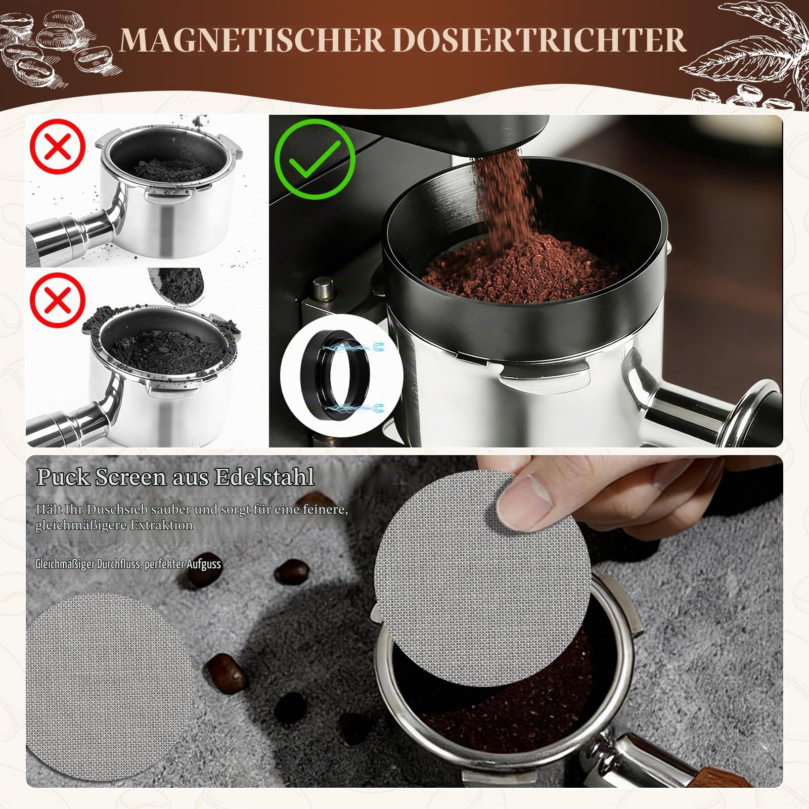 Espresso Tamper Set 51mm, 8-Teiliges Espresso Zubehör mit Tamper, Distributor, Kaffee Dosierring, WDT Tool, Puck Screen, Tamperstation aus Holz, Reinigungsbürste & Latte Art Pen, Barista Zubehör