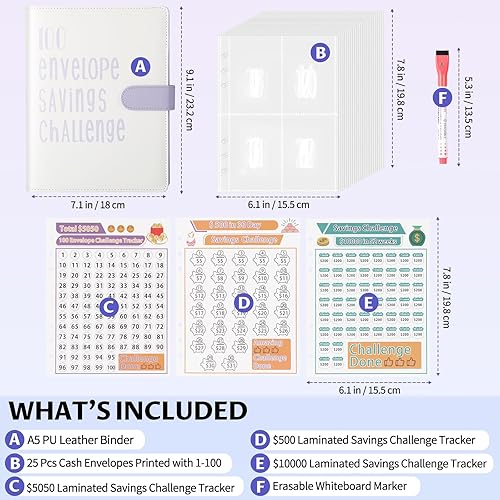 Vista 29 de ONEDONE Carpeta de desafíos de ahorro de dinero de 100 sobres A5 con sobres de efectivo y marcador borrable para ahorrar dinero en efectivo