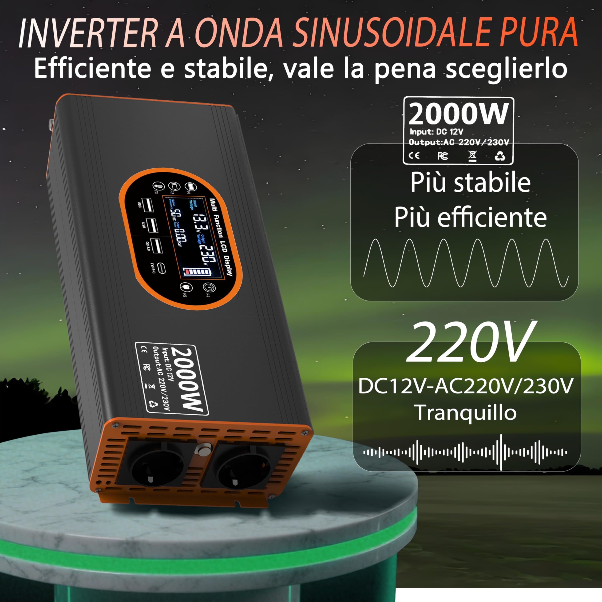 Wechselrichter 2000W 12V auf 230V Reine Sinuswelle - Spannungswandler LCD Display mit 2 EU-Steckdosen und 3 USB Typ-C Port，Steckdose mit Fernbedienung für Wohnmobil Auto Camping