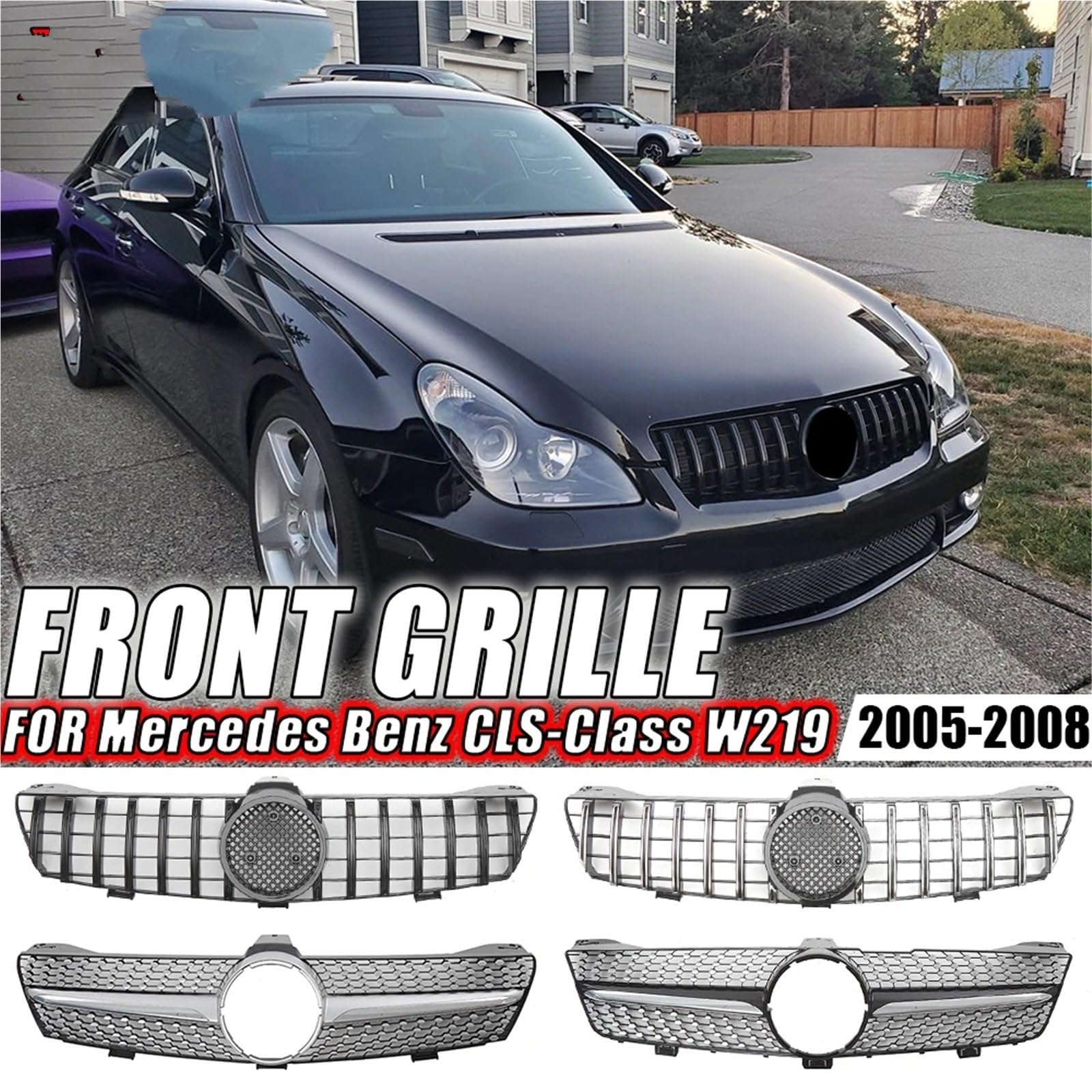 chrome grill przedni Przednia błyszcząca czarna kratka wlotu powietrza w stylu GTR pasująca do Mercedesa Benz CLS W219 CLS350 CLS500 2005-2008 Style Grille zderzaka(AMG-Chrome Black)