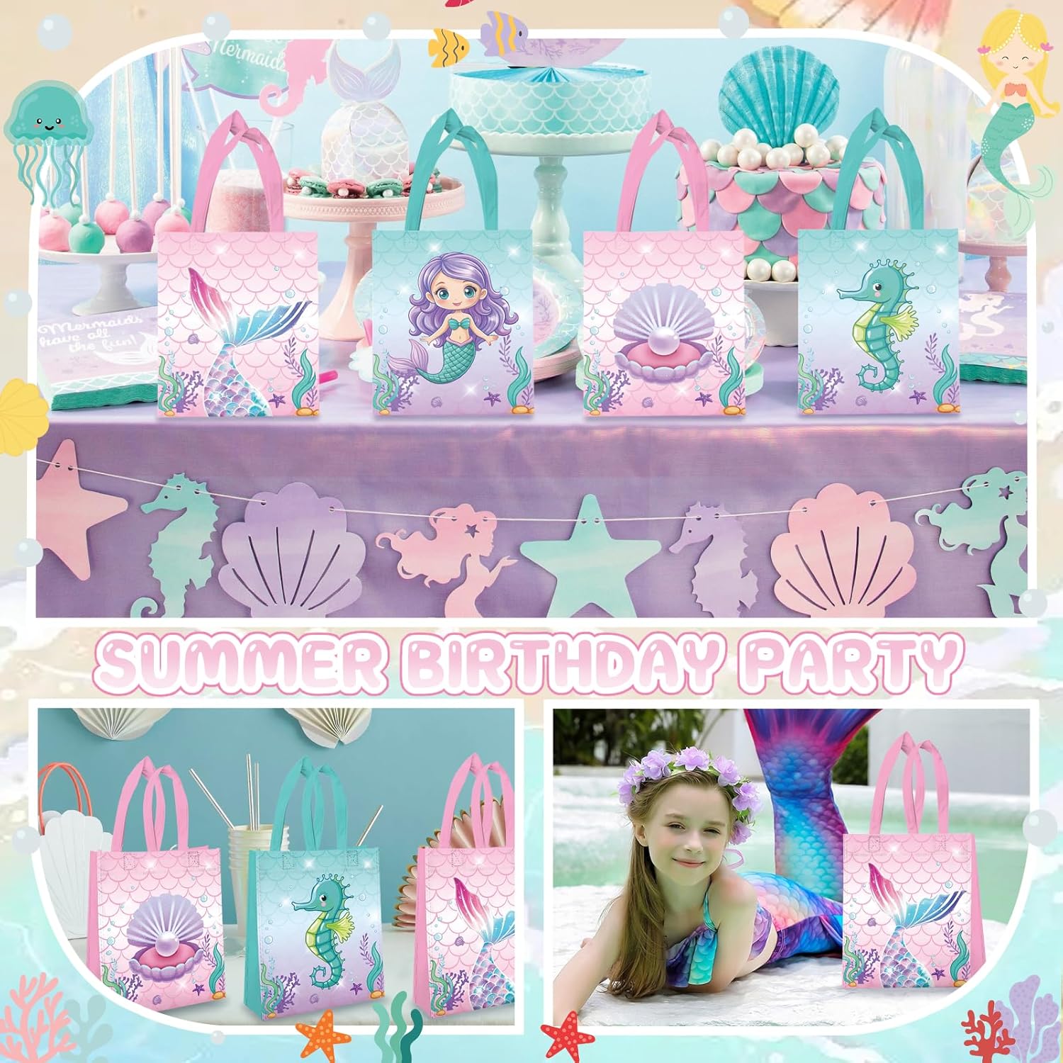 WPDISCZ 20Pcs Mermaid Party Favor Bags, Under the Sea Party Goodie Bags Treat Bags Reusable Mermaid Theme Non Woven Tote Bags for Girls Birthday Ocean Party Baby Shower Supplies - Image 6