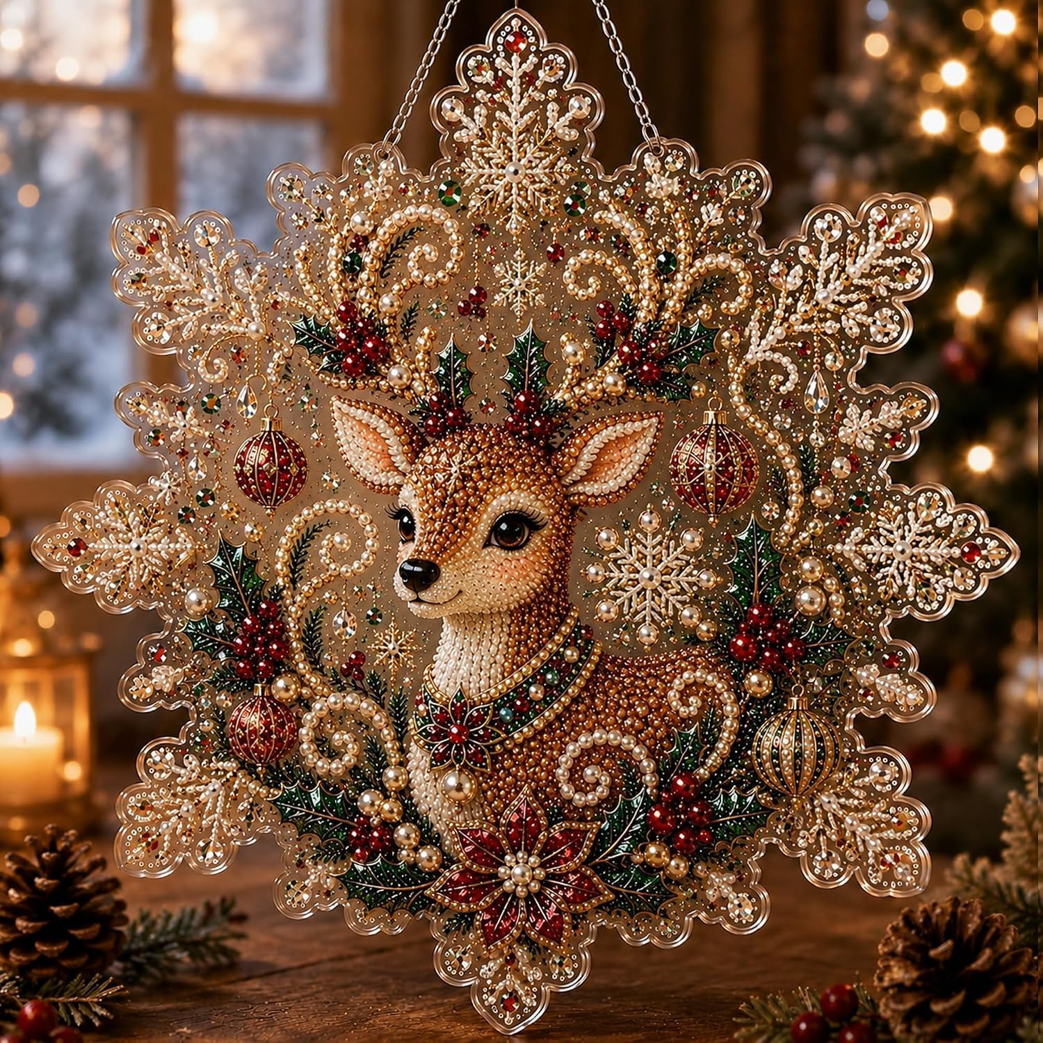 Christmas Diamond Art Kits for Adults, Pearl Diamond Painting Suncatcher Kit DIY Craft 3D Pre-Assembled Metal Chain Acrylic Snowflake Shape Board with Lace Edge Mixed-Sized Pearl Beads Craft