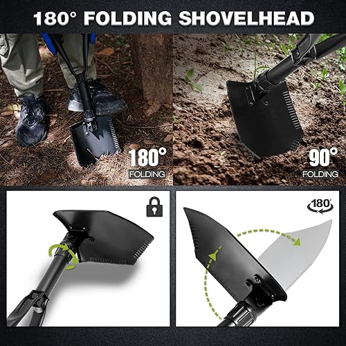 Miniatura 6 de REDCAMP - Pala plegable militar para campamento, herramienta de acero de alto carbono para cavar con mango triple con cubierta