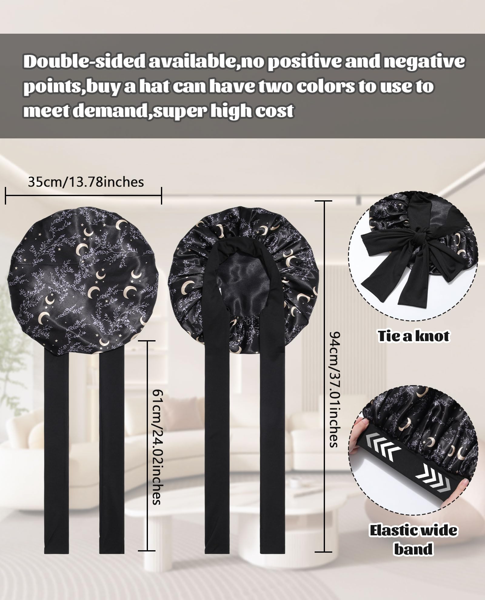 Satin Bonnet Silk Bonnet for Sleeping Silk Sleep Cap Double Layer Hair Bonnet with Elastic Tie Band for Curly Hair Night Cap (Black stars and moon+Black): One Size Black stars and moon+Black