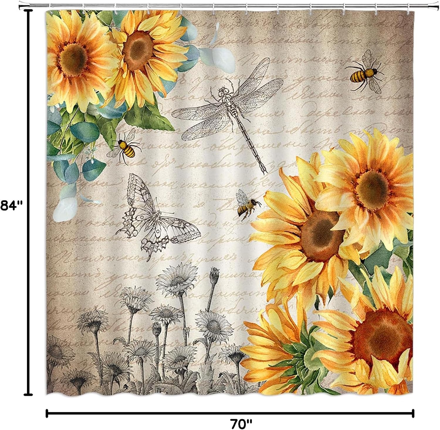 Sunflower Shower Curtain Retro Yellow Floral Farmhouse Rustic Wooden Plank Dragonfly Butterfly Fabric Home Bathroom Decor Set with Hook(84" Wx70 H)