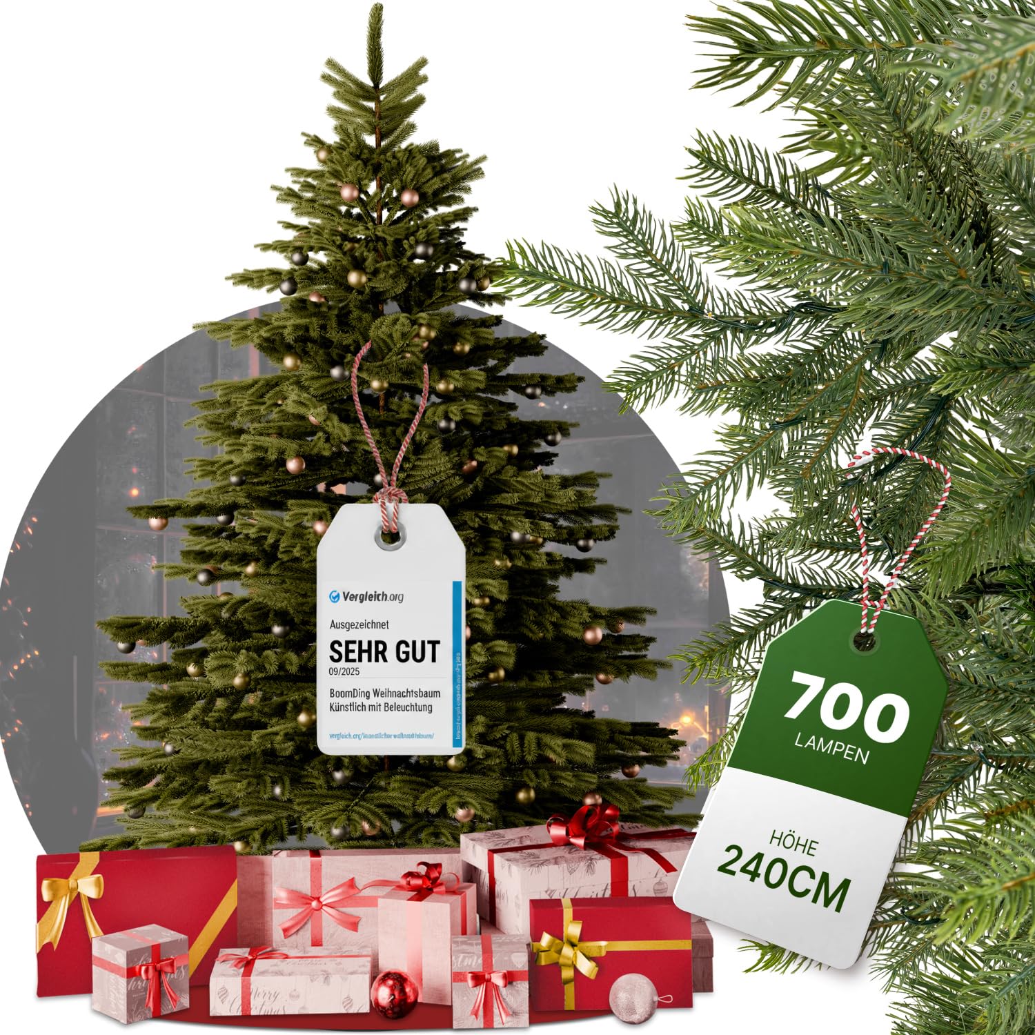 BoomDing Christbaum künstlich 240 cm mit 700 LED & Aufbewahrungstasche – großer Weihnachtsbaum mit integrierter Beleuchtung, Metallständer & reißfester Tasche – Festliche Weihnachtsdeko ohne Nadeln
