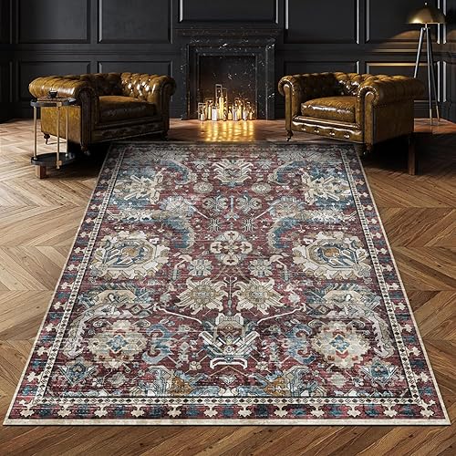Washable Area Rugs - Perfect for Living Room, Bedroom, Kids Room, Nursery - Stain & Water Resistant Non-Slip, Pet & Child Friendly, Vintage Tribal Area Rugs (Rust and Blue, 6' x 9')