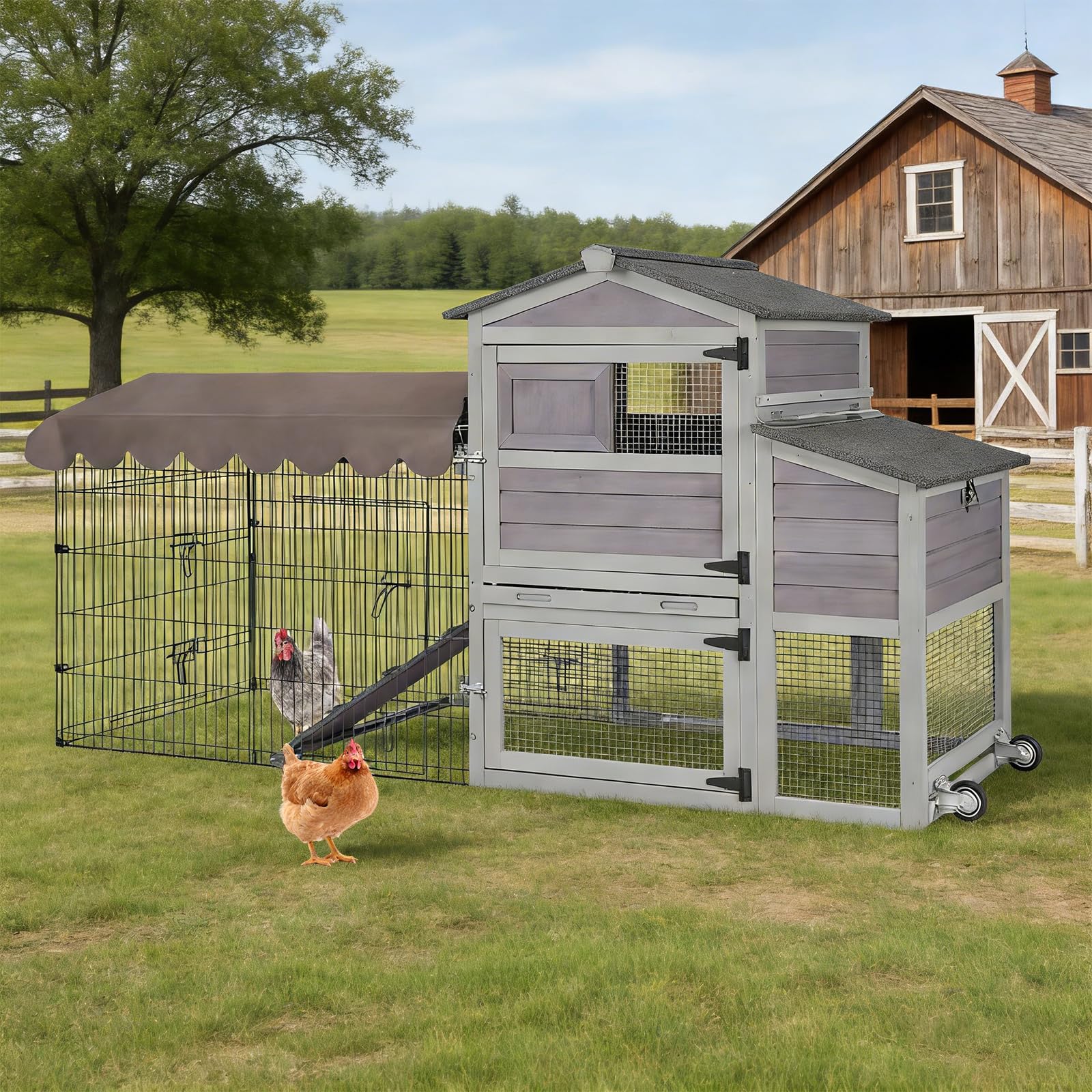 79‘’ Chicken Coop with Wheels, Wooden Hen House with Large Nesting Box, Outdoor Poultry Cage with Leakproof Pull-on Tray, Backyard Chicken Coop with Run, Weatherproof Rabbit Hutch