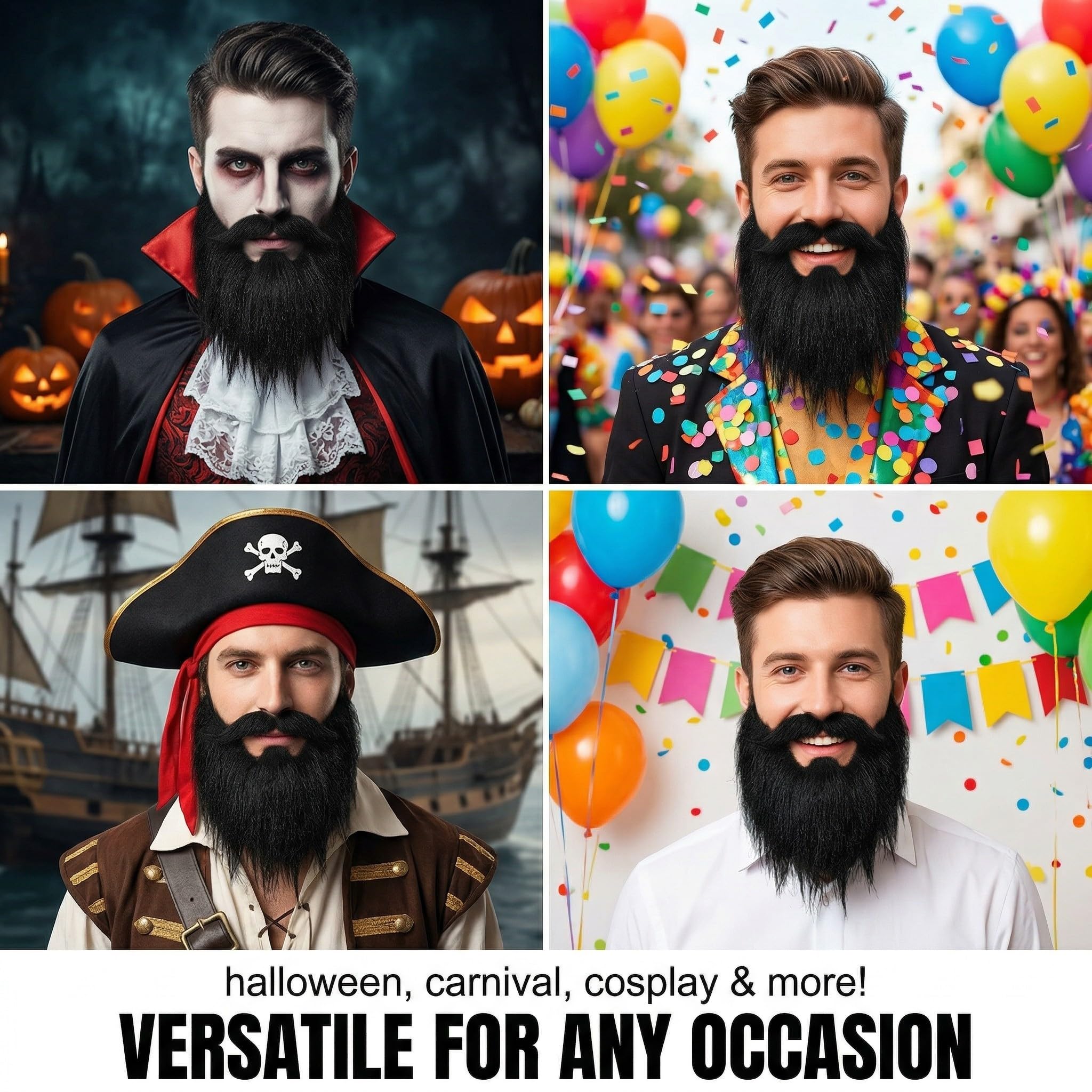 1 sztuka czarna sztuczna broda, pełna broda i sztuczne wąsy z elastyczną opaską, na Halloween karnawał cosplay i imprezę