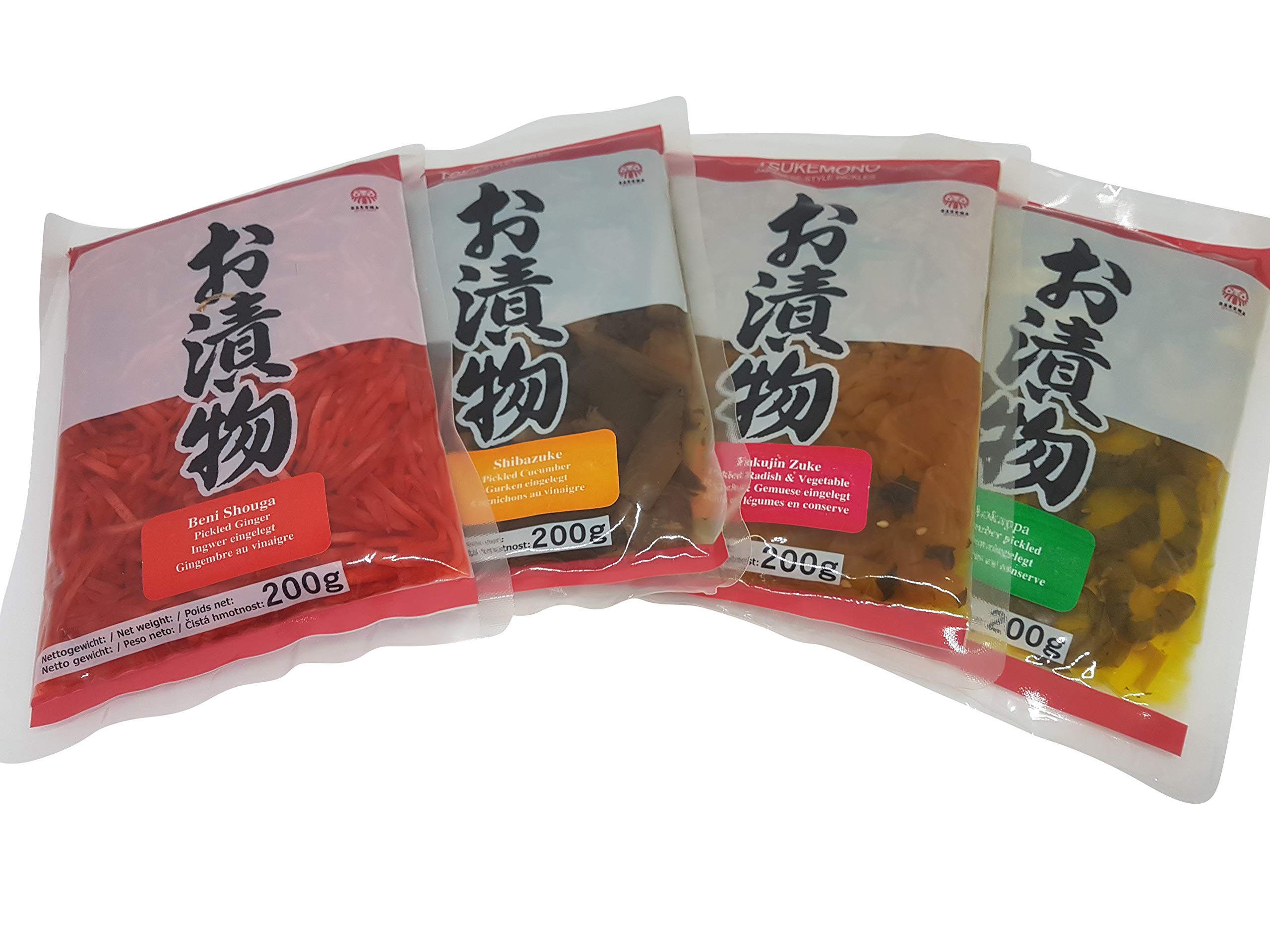 Tsukemono 4er Set Benishouga Beni-Shoga eingelegte Ingwerstifte, Aokappa Kappazuke Gurken, Fukujinzuke, Shibazuke, Tsukemono, eingelegtes japanisches Gemüse 4 x 200g