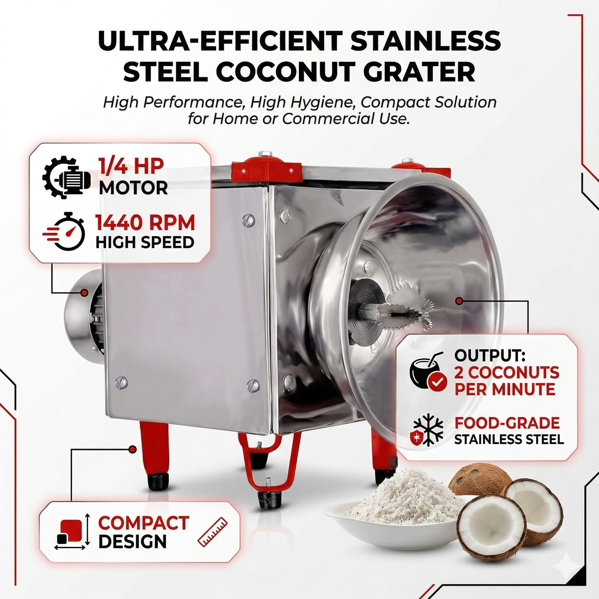 Electric Coconut Grater for Domestic and Commercial Prupose, Heavy Duty, Speed 2 Coconuts per min, 1440RPM, 1/4 HP Motor, Stainless Steel Blade 2