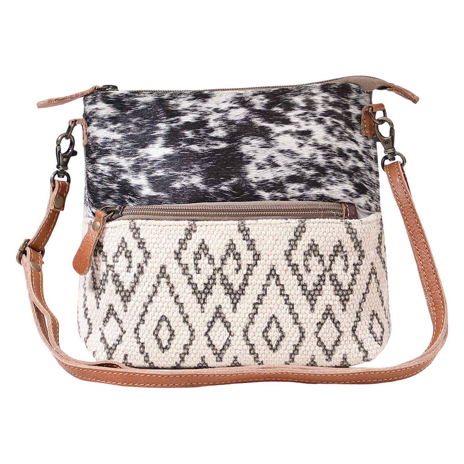 Myra Bag Gloss Small Crossbody - 10x8 Mexican Shoulder Bag, Canvas and Brown Leather, Zipper Top, Boho Purses for Women, Everyday Hippie Vintage Purse