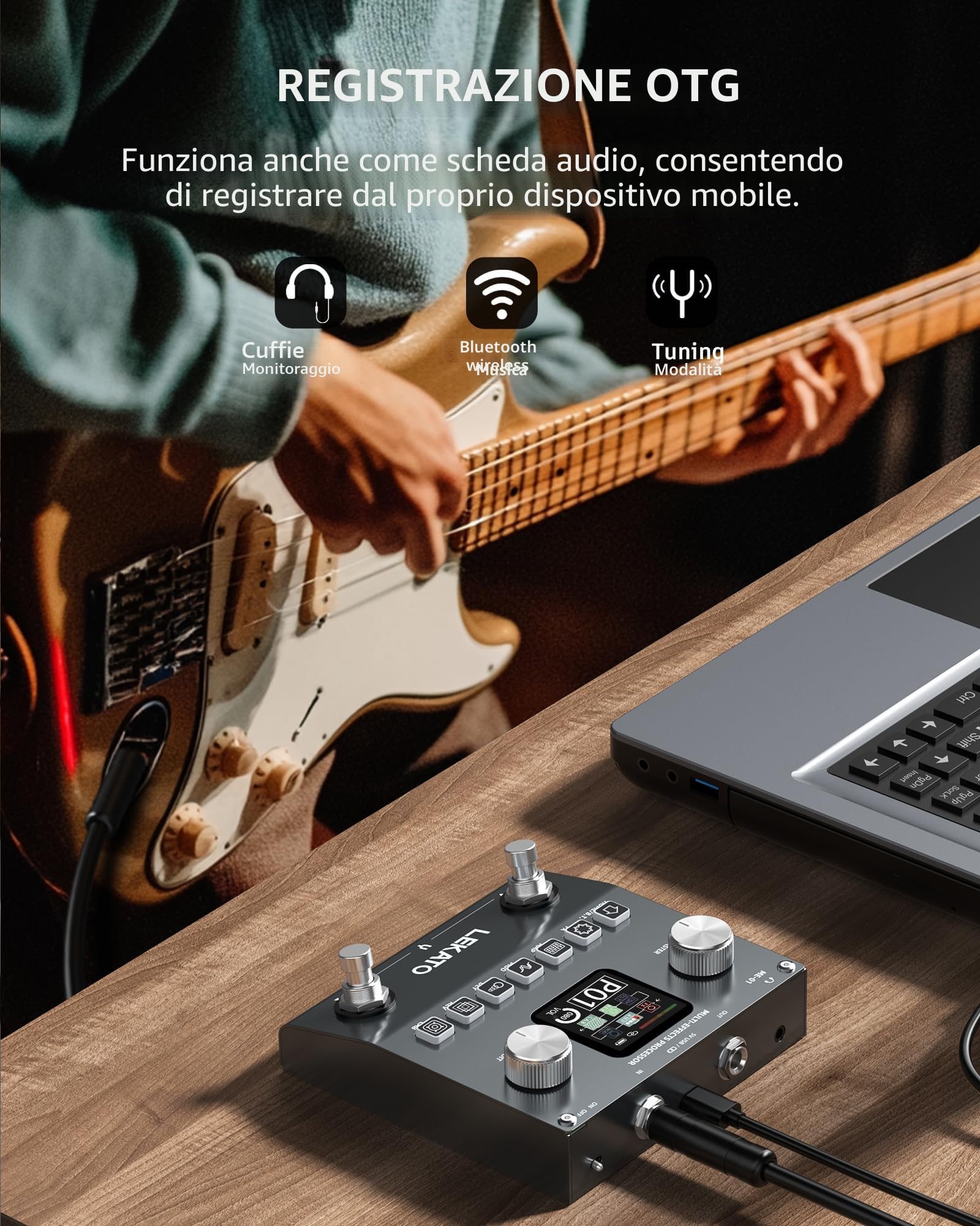 LEKATO Pedale Multi-Effetti per Chitarra, Processore di Effetti per Basso Ricaricabile con 6 Moduli Effetti, 80 Preset Editabili, Modifica APP, Caricamento IR, Registrazione OTG, Funzione BT