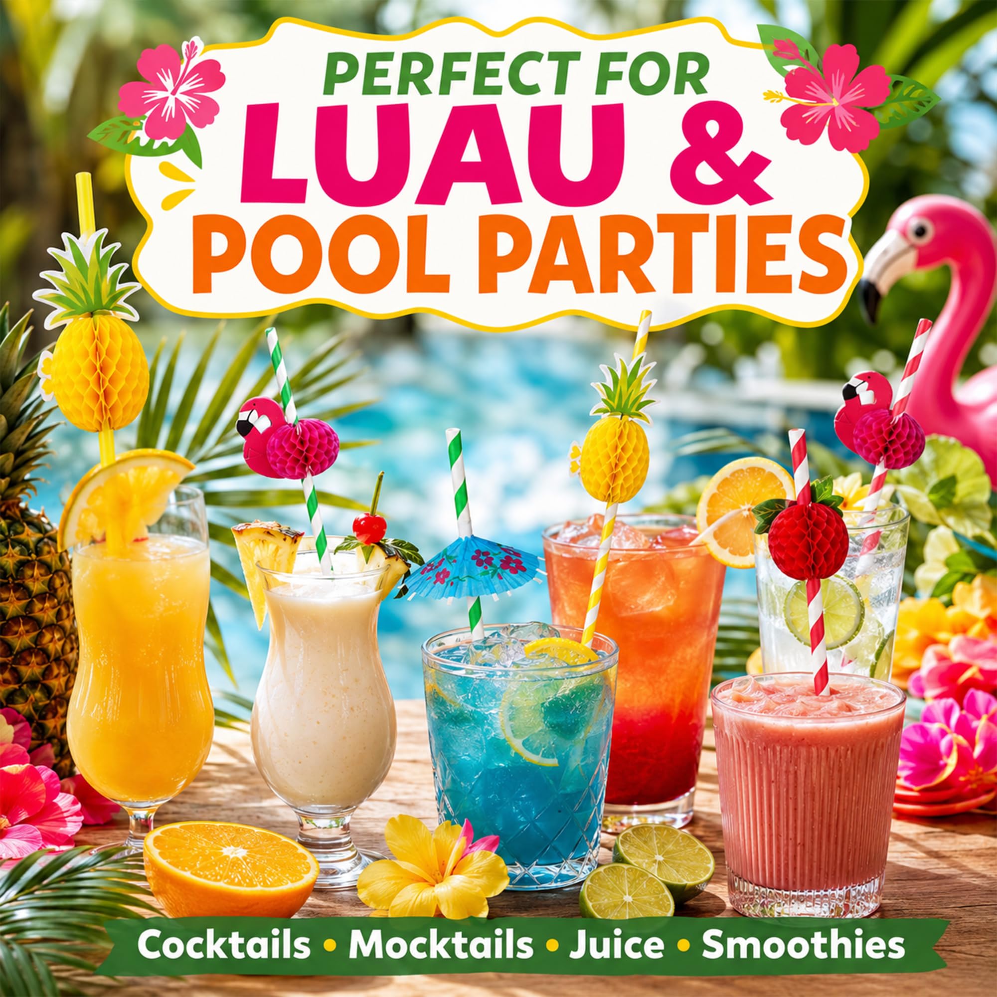 Haundry 100 pajitas de cóctel Luau para fiesta, paraguas de bebida, pajillas de papel de frutas y flamencos para decoración de fiesta hawaiana de verano tropical